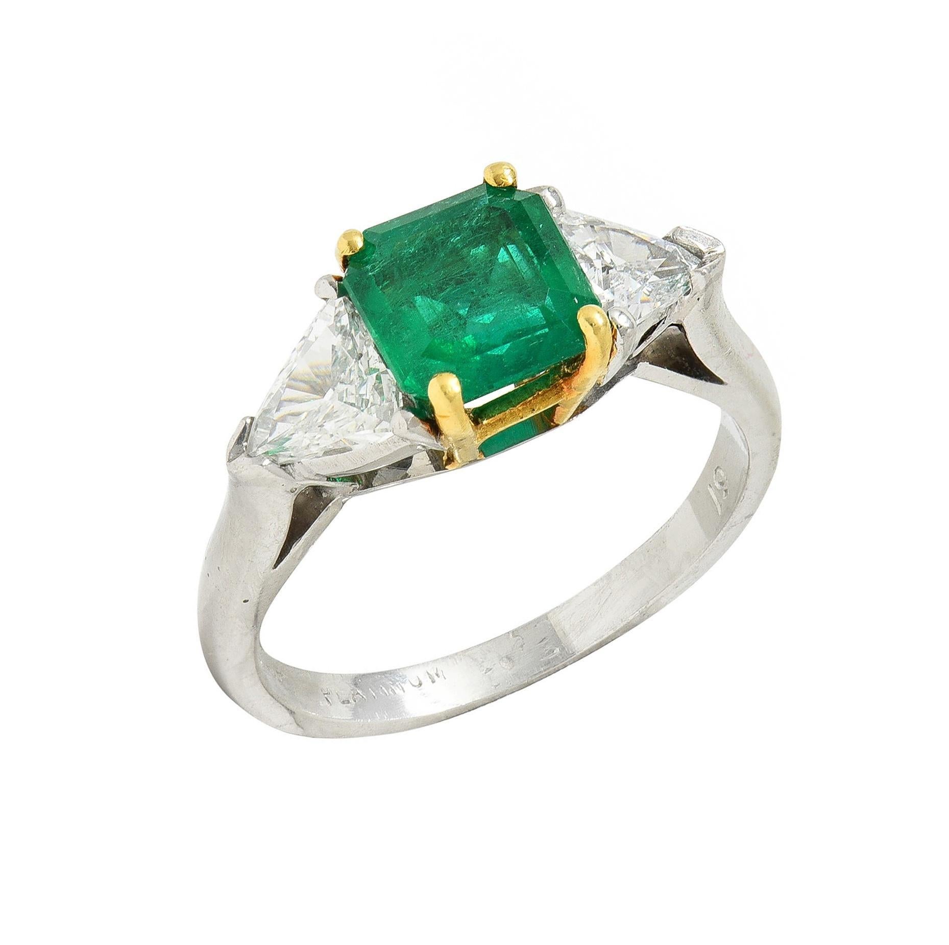 Mid-Century 1.60 CTW Colombian Emerald Diamond Platinum 18 Karat Gold Ring GIA For Sale 5