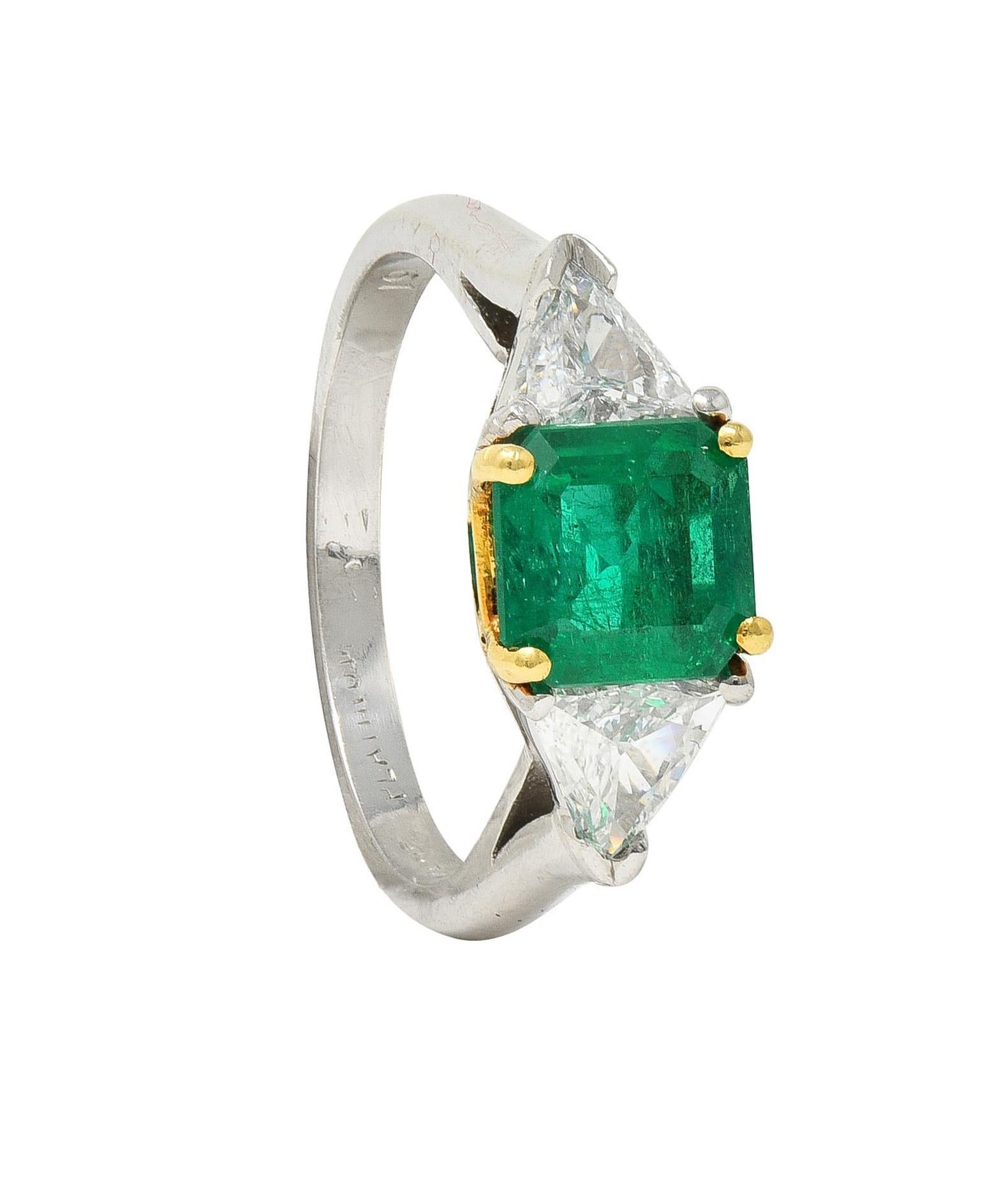 Mid-Century 1.60 CTW Colombian Emerald Diamond Platinum 18 Karat Gold Ring GIA For Sale 8