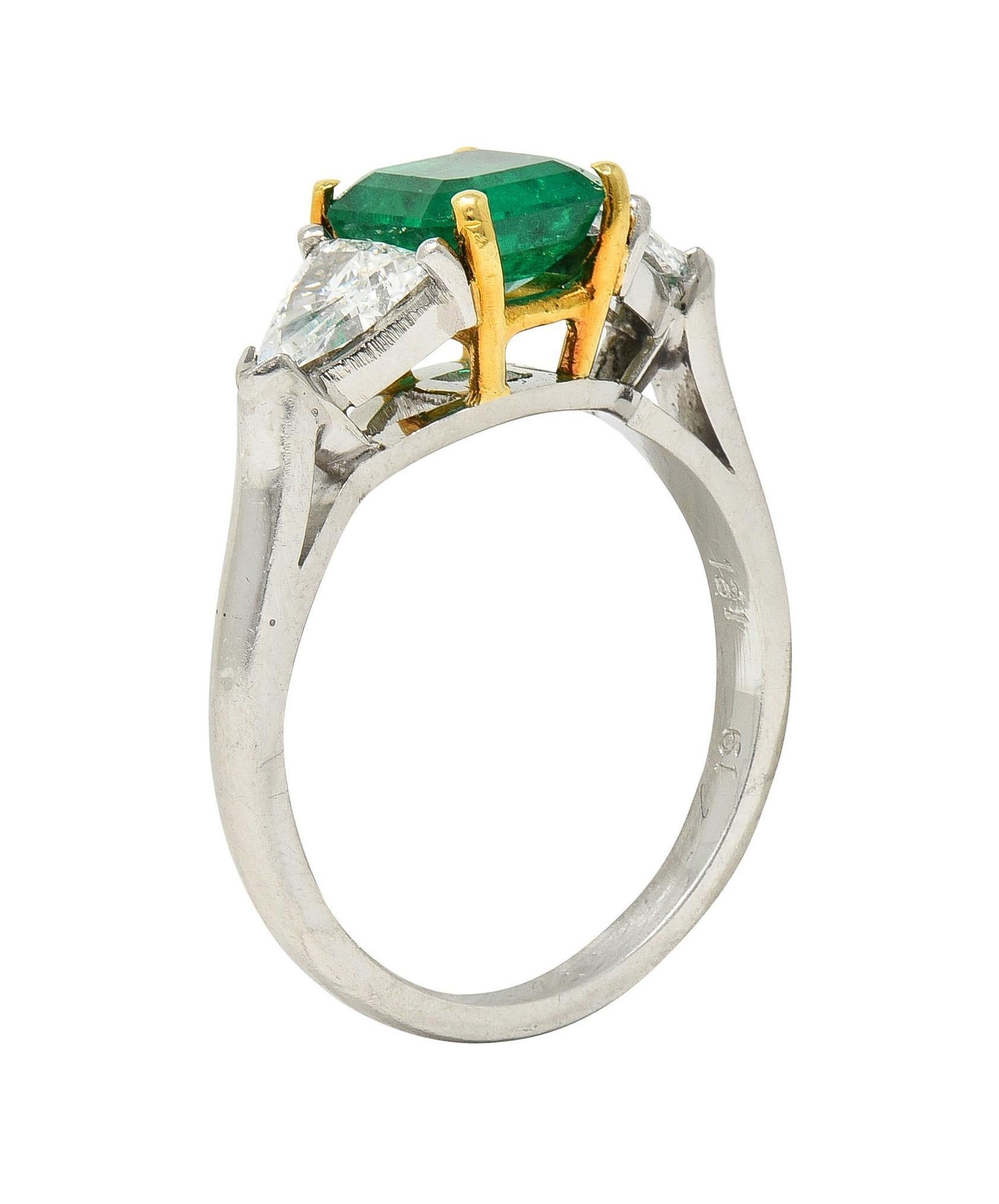 Emerald Cut Mid-Century 1.60 CTW Colombian Emerald Diamond Platinum 18 Karat Gold Ring GIA For Sale