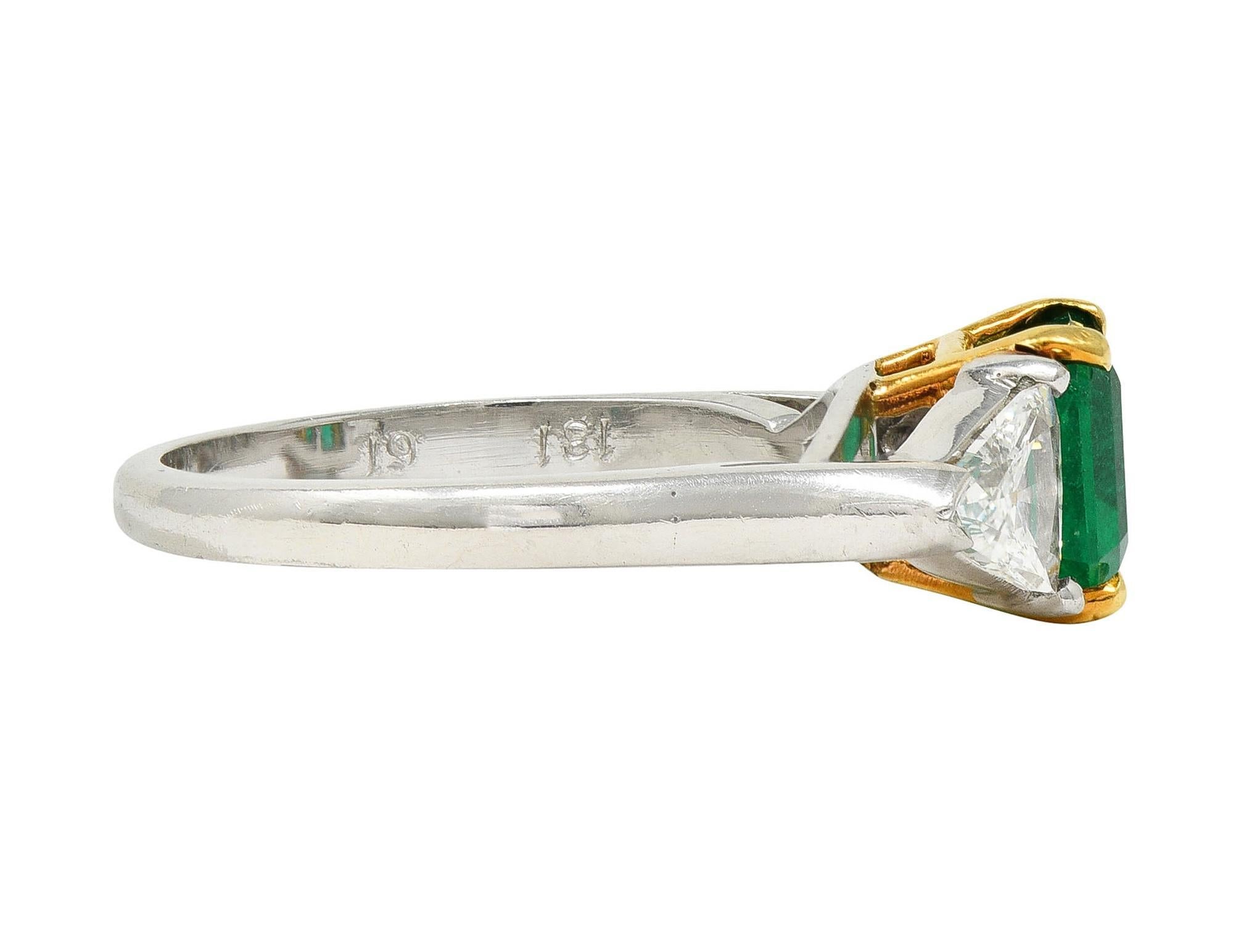 Women's or Men's Mid-Century 1.60 CTW Colombian Emerald Diamond Platinum 18 Karat Gold Ring GIA For Sale