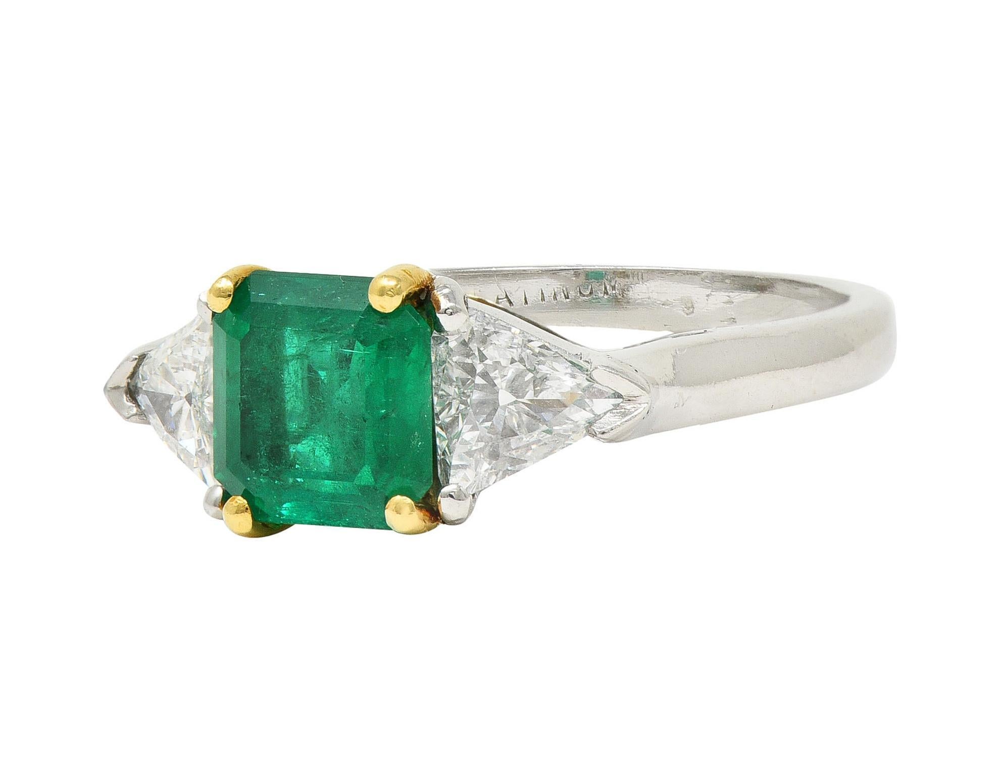 Mid-Century 1.60 CTW Colombian Emerald Diamond Platinum 18 Karat Gold Ring GIA For Sale 2