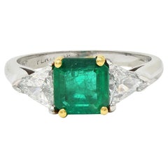 Retro Mid-Century 1.60 CTW Colombian Emerald Diamond Platinum 18 Karat Gold Ring GIA