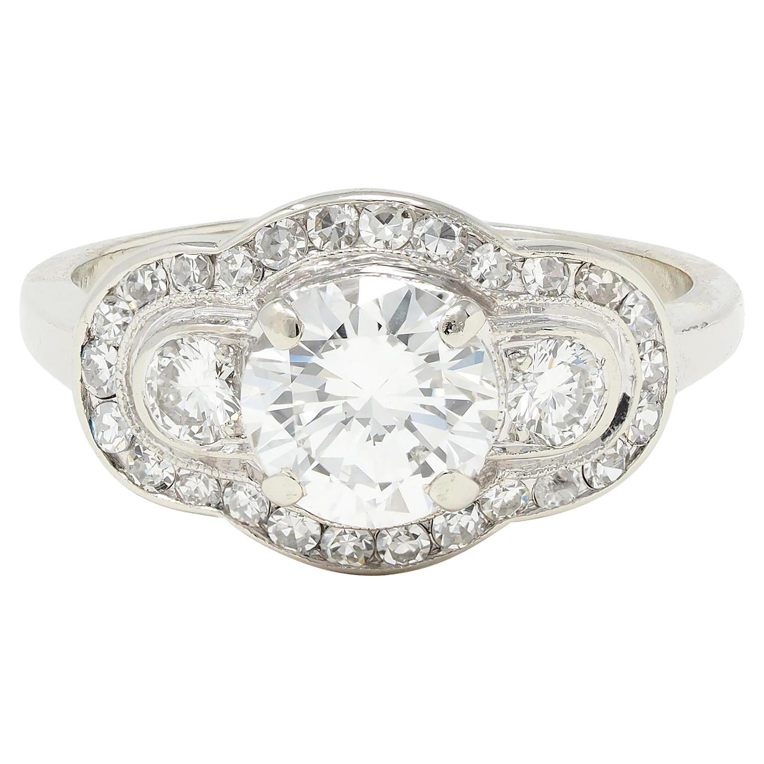 Mid-Century 1.65 CTW Diamond 14 Karat White Gold Vintage Cluster Engagement Ring