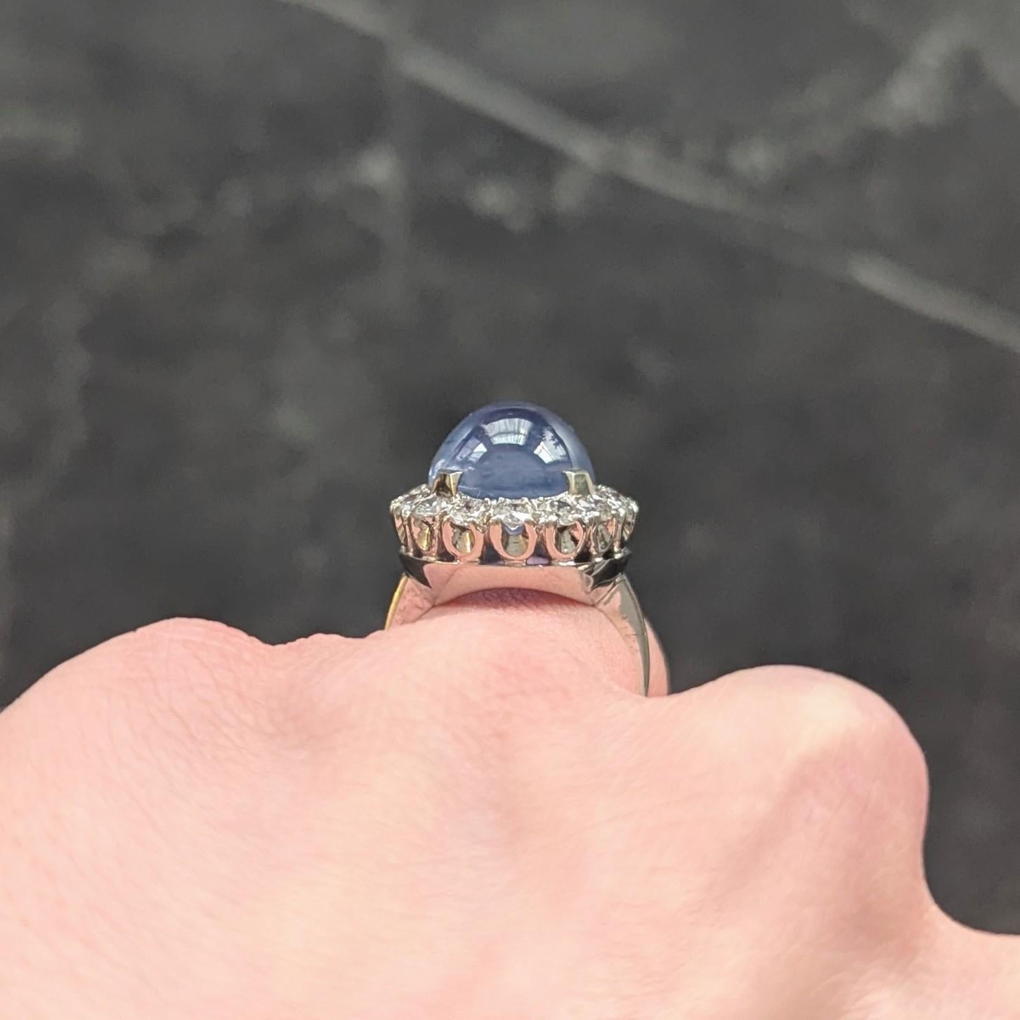 Mid-Century 16.75 CTW Star Sapphire Cabochon Diamond 14K Gold Vintage Halo Ring 7