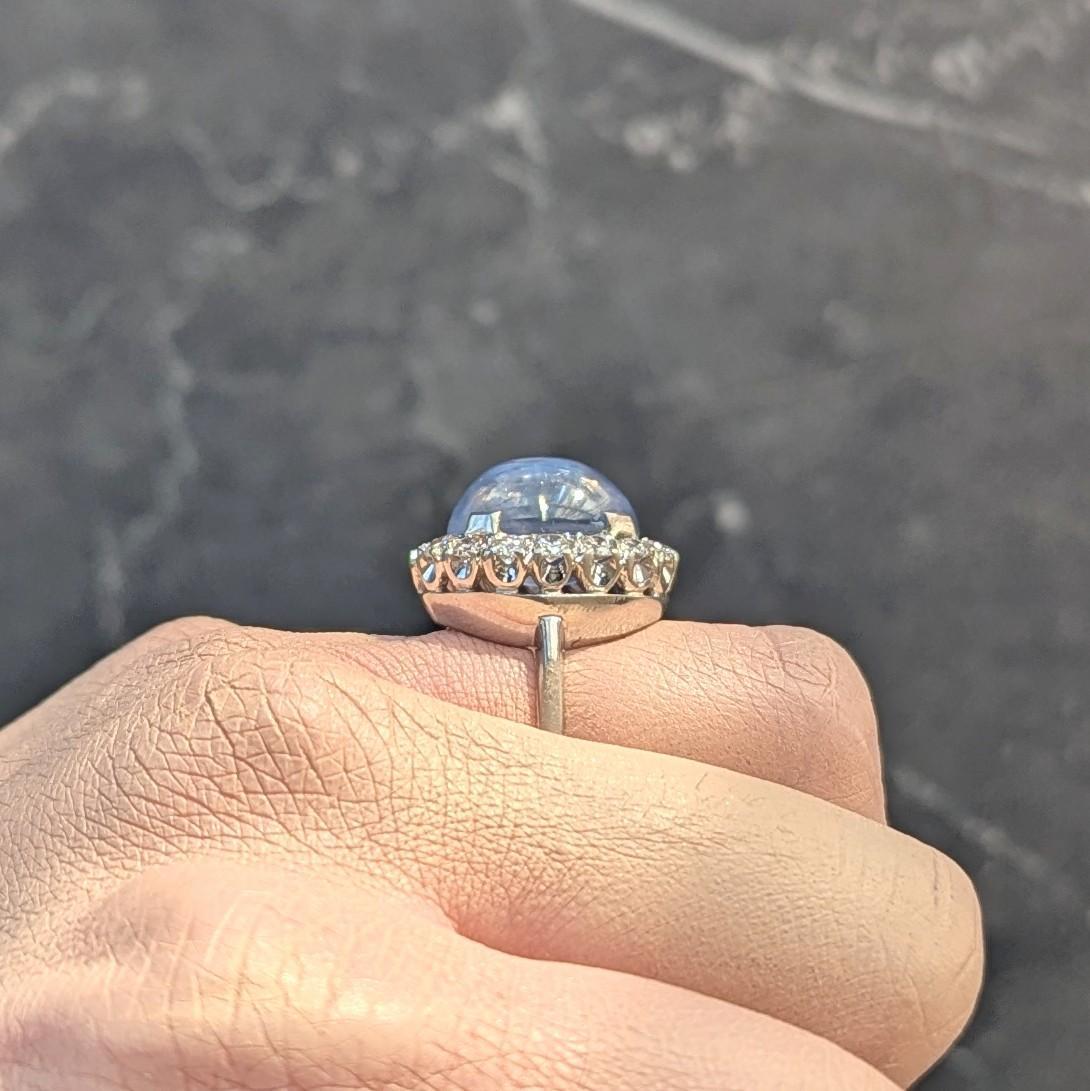 Mid-Century 16.75 CTW Star Sapphire Cabochon Diamond 14K Gold Vintage Halo Ring 8
