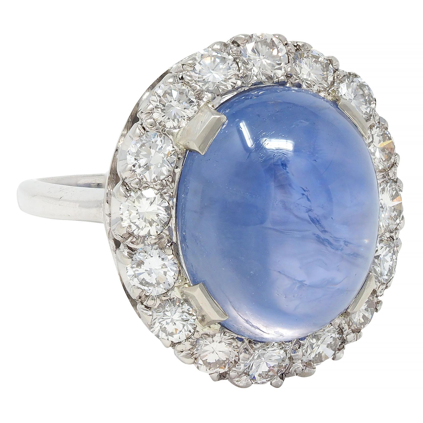 Round Cut Mid-Century 16.75 CTW Star Sapphire Cabochon Diamond 14K Gold Vintage Halo Ring