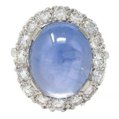 Mid-Century 16.75 CTW Star Sapphire Cabochon Diamond 14K Gold Vintage Halo Ring