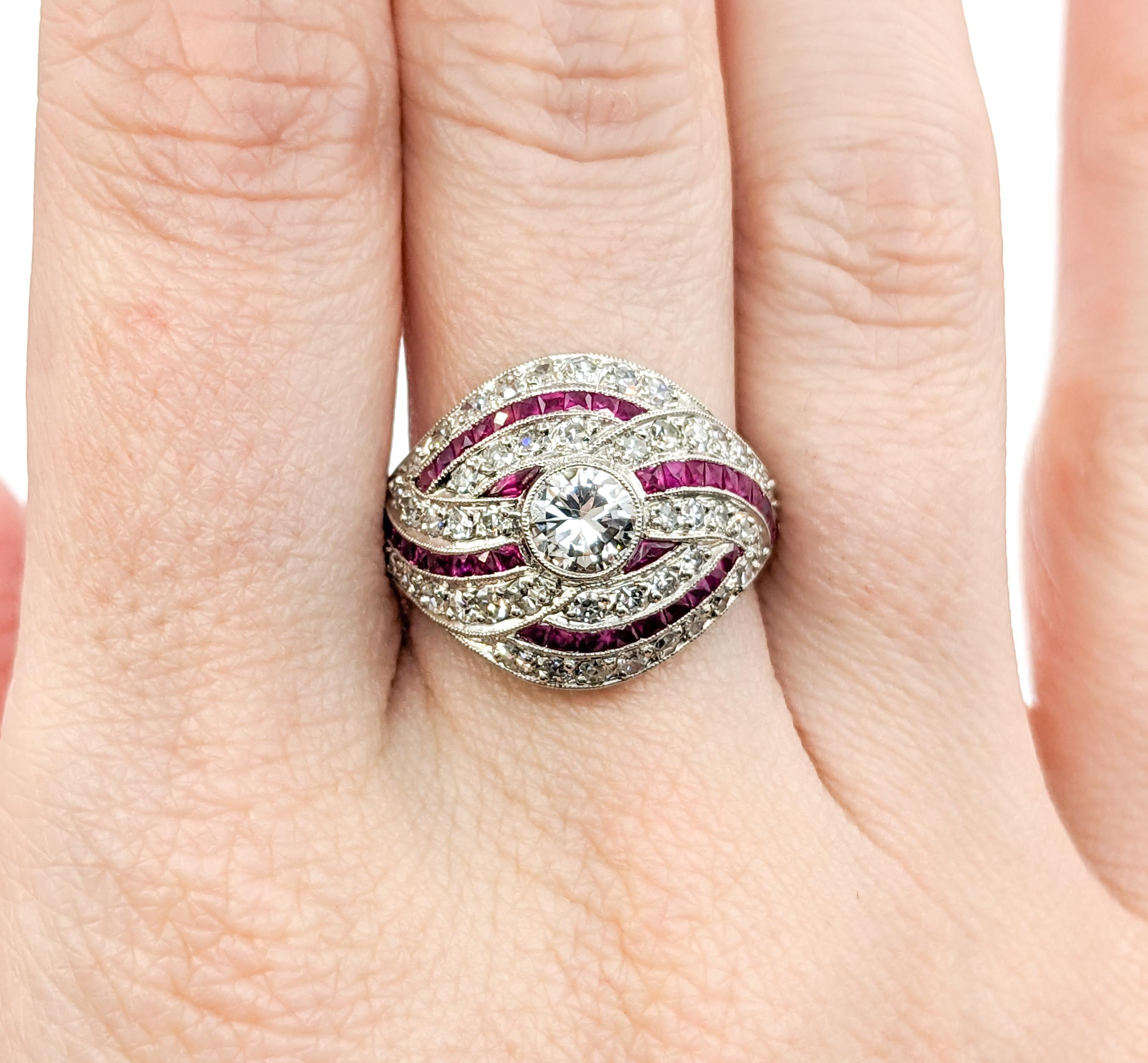 Mid-Century 1.67ctw European Cut Diamonds & Ruby Ring in Platinum For Sale 7