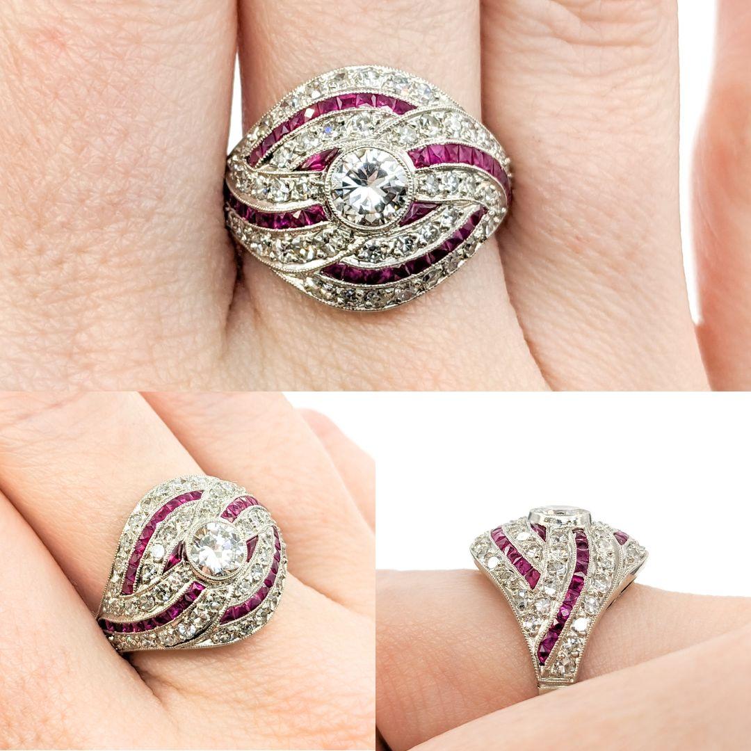 Mid-Century 1.67ctw European Cut Diamonds & Ruby Ring in Platinum

Introducing this beautiful Vintage Ring, masterfully crafted in 950 platinum. The ring features a stunning 1.67ctw Euro Cut and Single Cut diamond centerpiece, complemented by .75ctw
