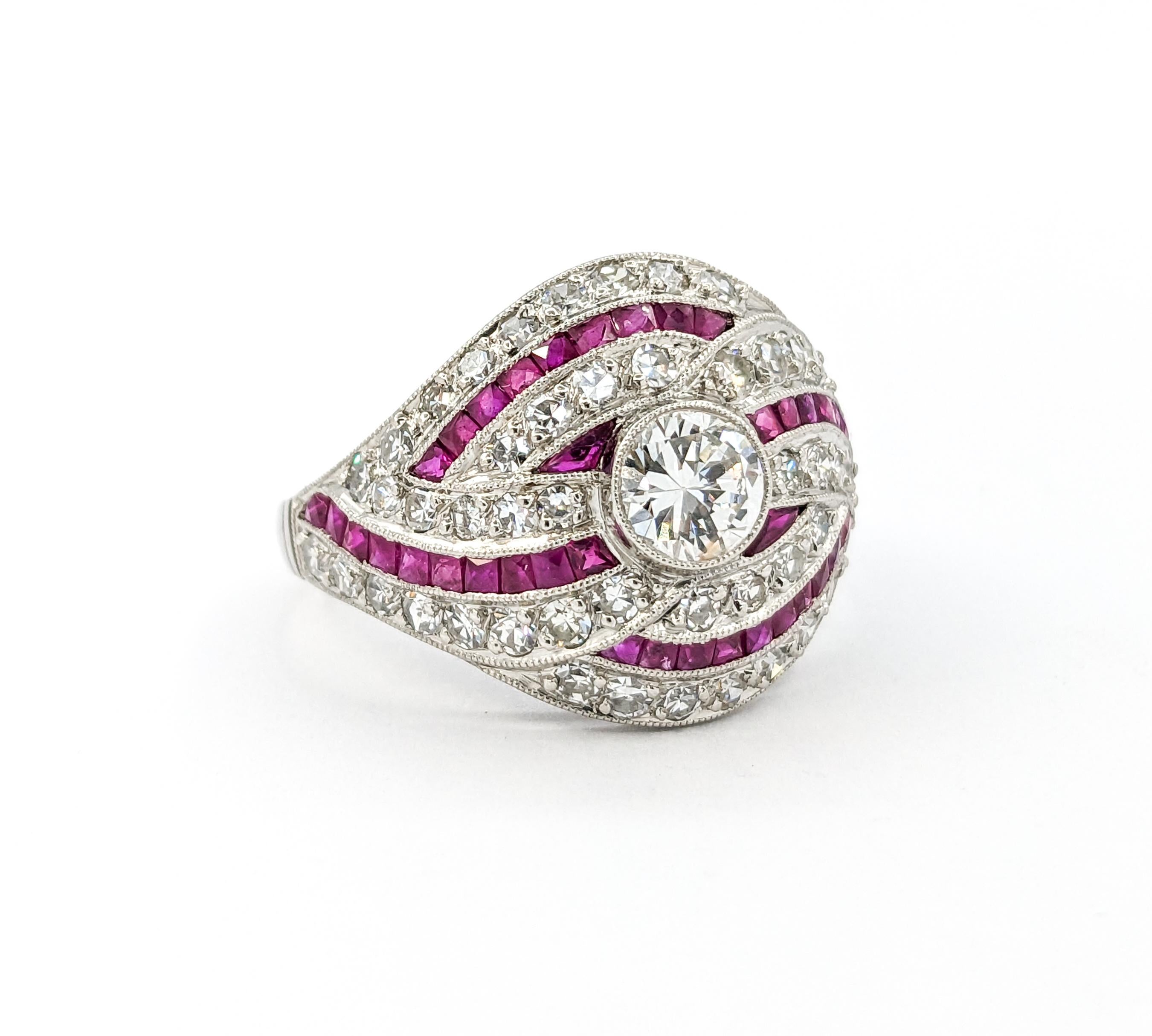 Retro Mid-Century 1.67ctw European Cut Diamonds & Ruby Ring in Platinum For Sale