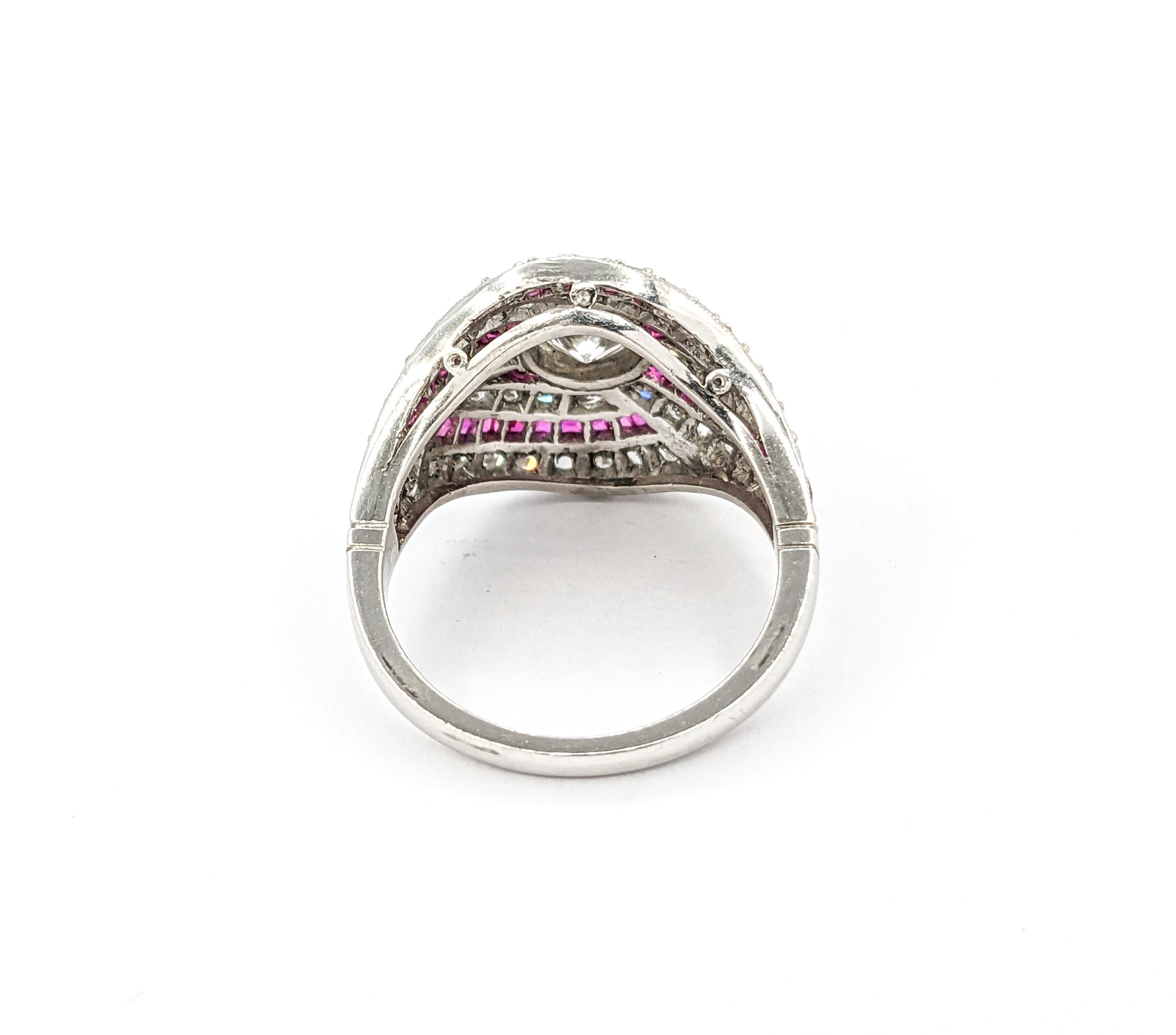 Old European Cut Mid-Century 1.67ctw European Cut Diamonds & Ruby Ring in Platinum For Sale