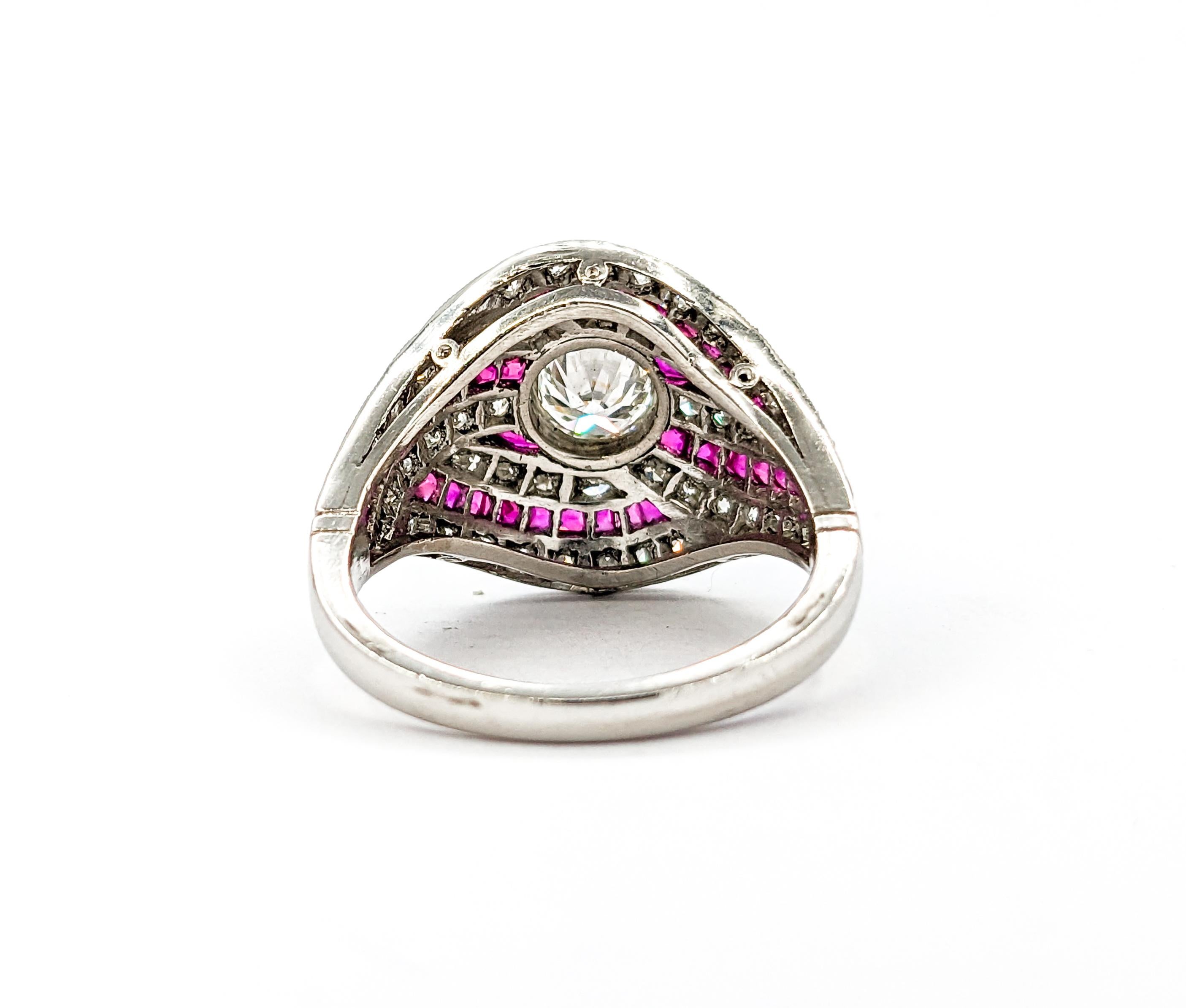 Mid-Century 1.67ctw European Cut Diamonds & Ruby Ring in Platinum In Excellent Condition For Sale In Bloomington, MN