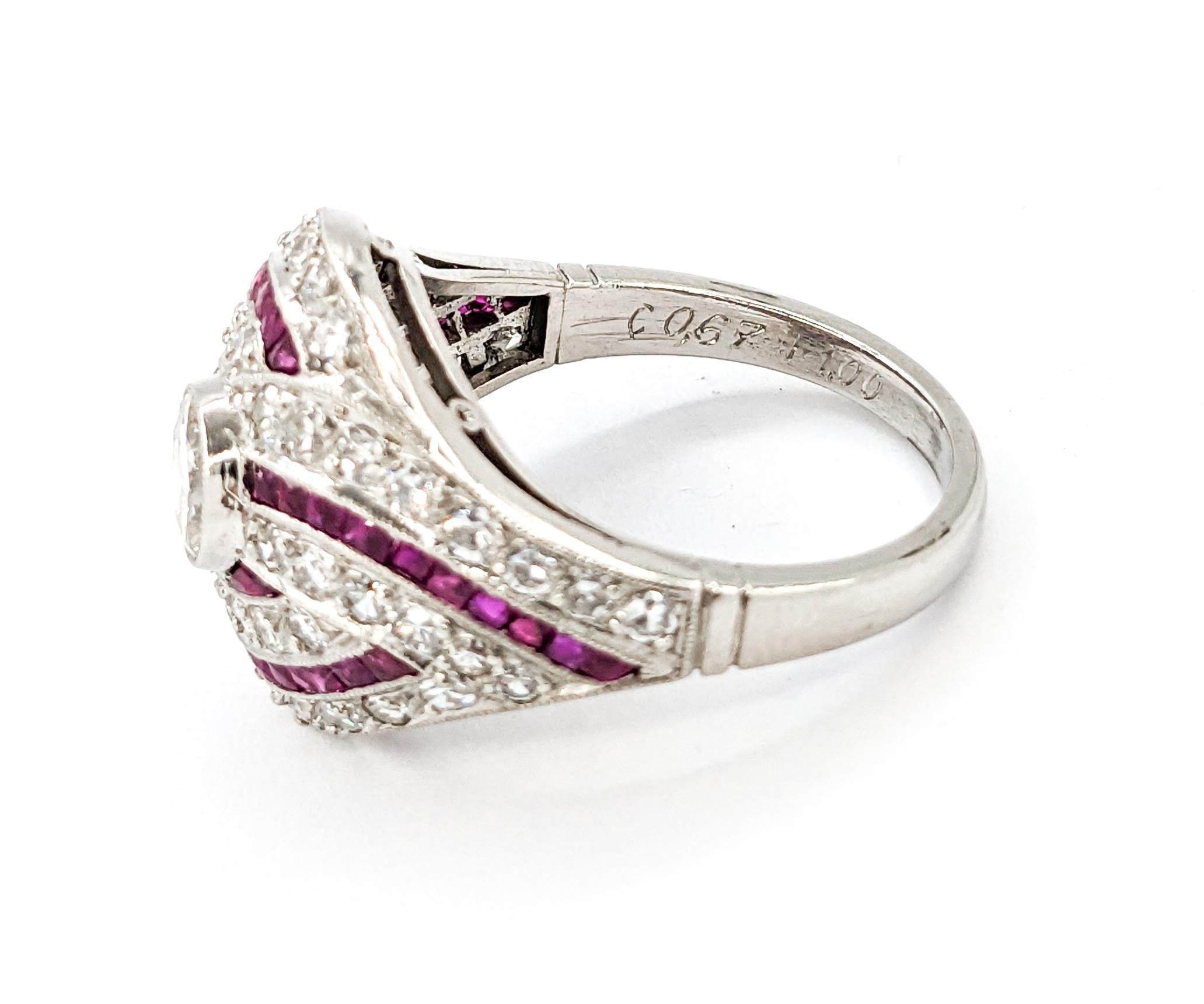 Women's Mid-Century 1.67ctw European Cut Diamonds & Ruby Ring in Platinum For Sale