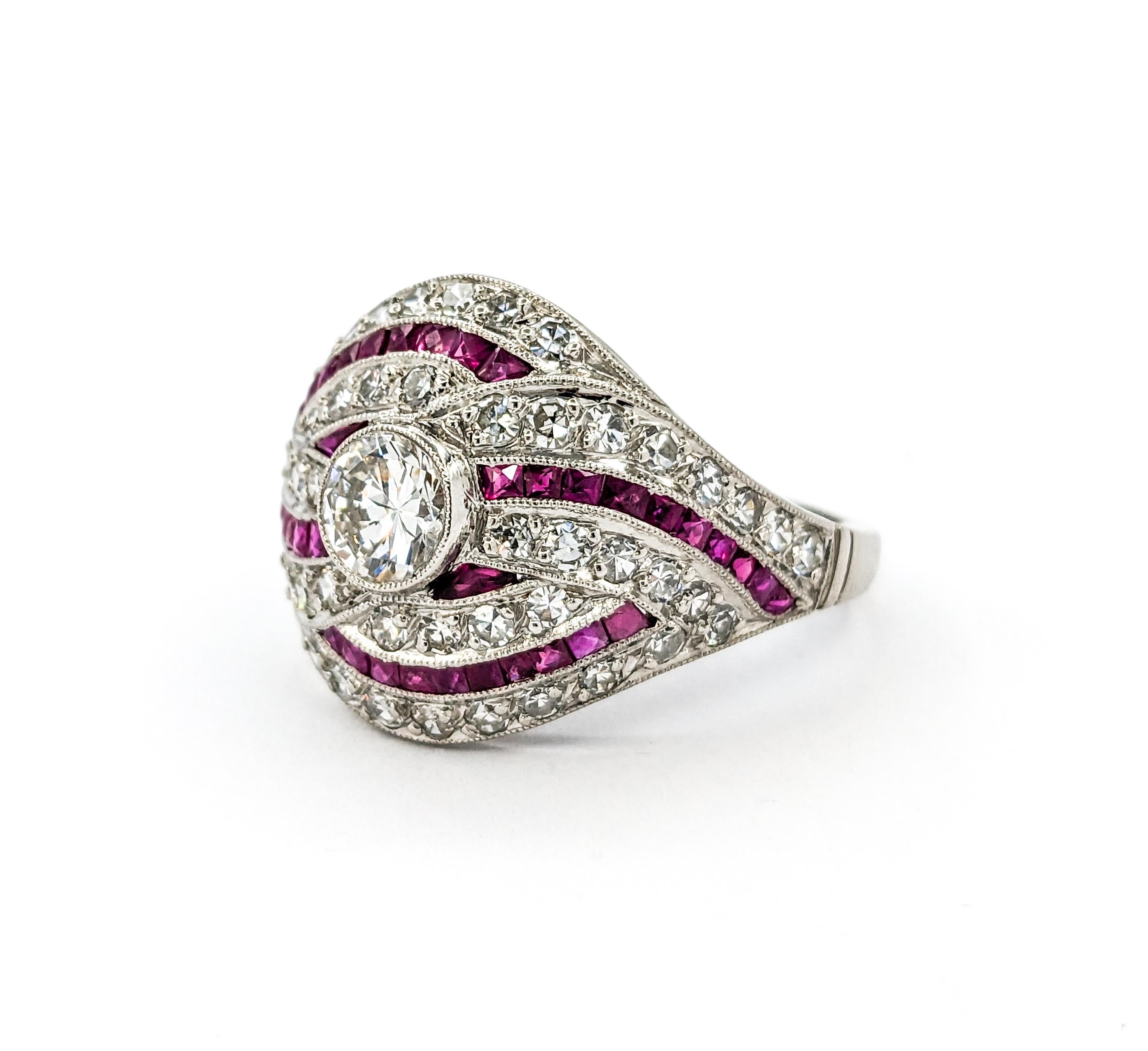 Mid-Century 1.67ctw European Cut Diamonds & Ruby Ring in Platinum For Sale 2