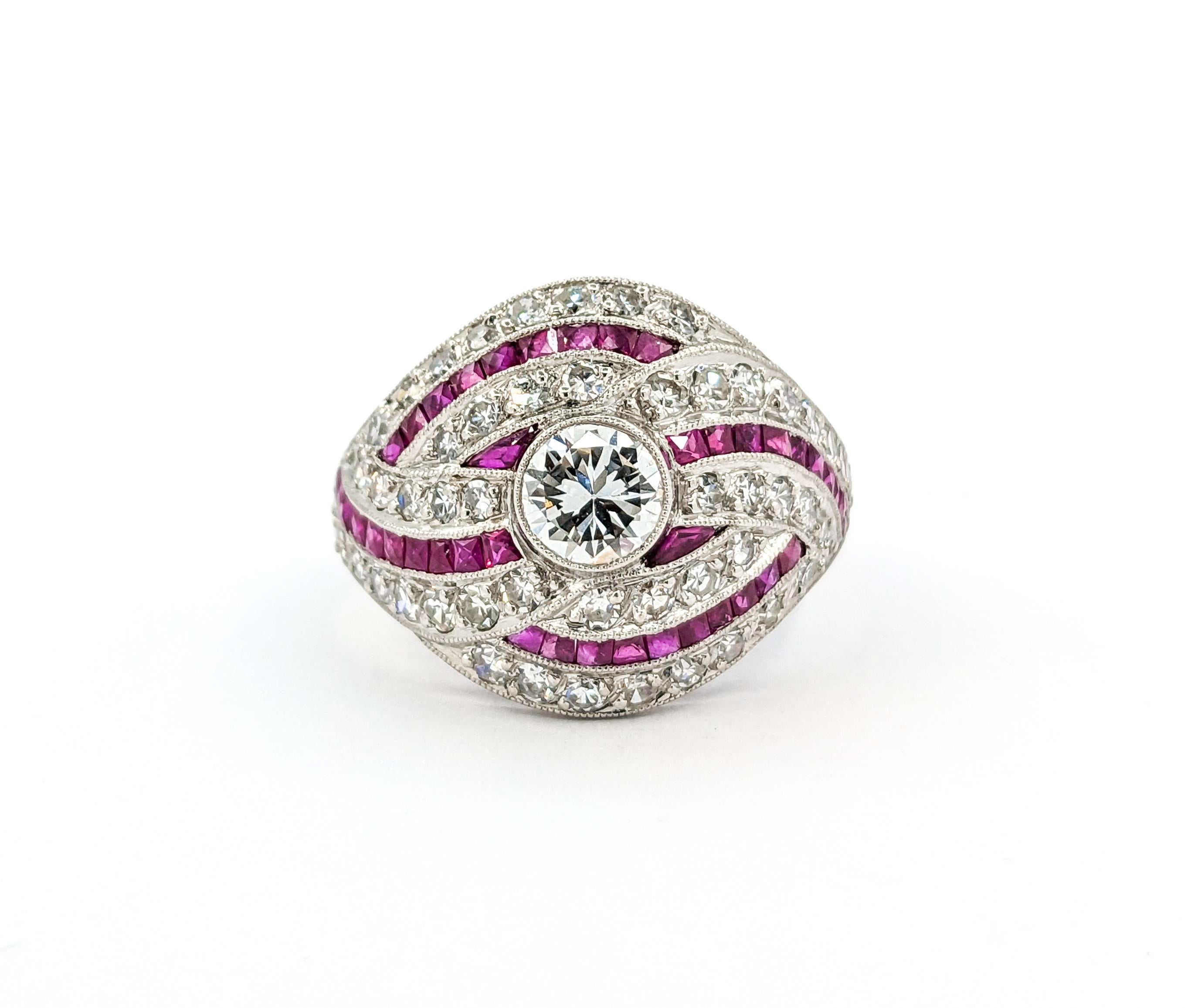 Mid-Century 1.67ctw European Cut Diamonds & Ruby Ring in Platinum For Sale 3