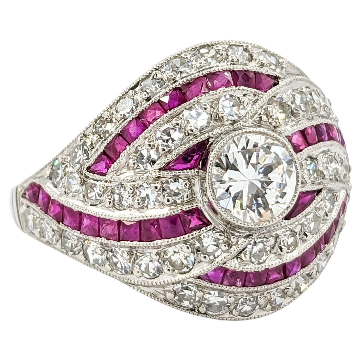 Mid-Century 1.67ctw European Cut Diamonds & Ruby Ring in Platinum For Sale