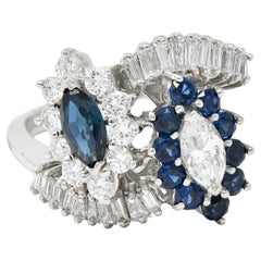 Mid-Century 1.68 Carats Marquise Cut Sapphire Diamond Platinum Clustered Ring