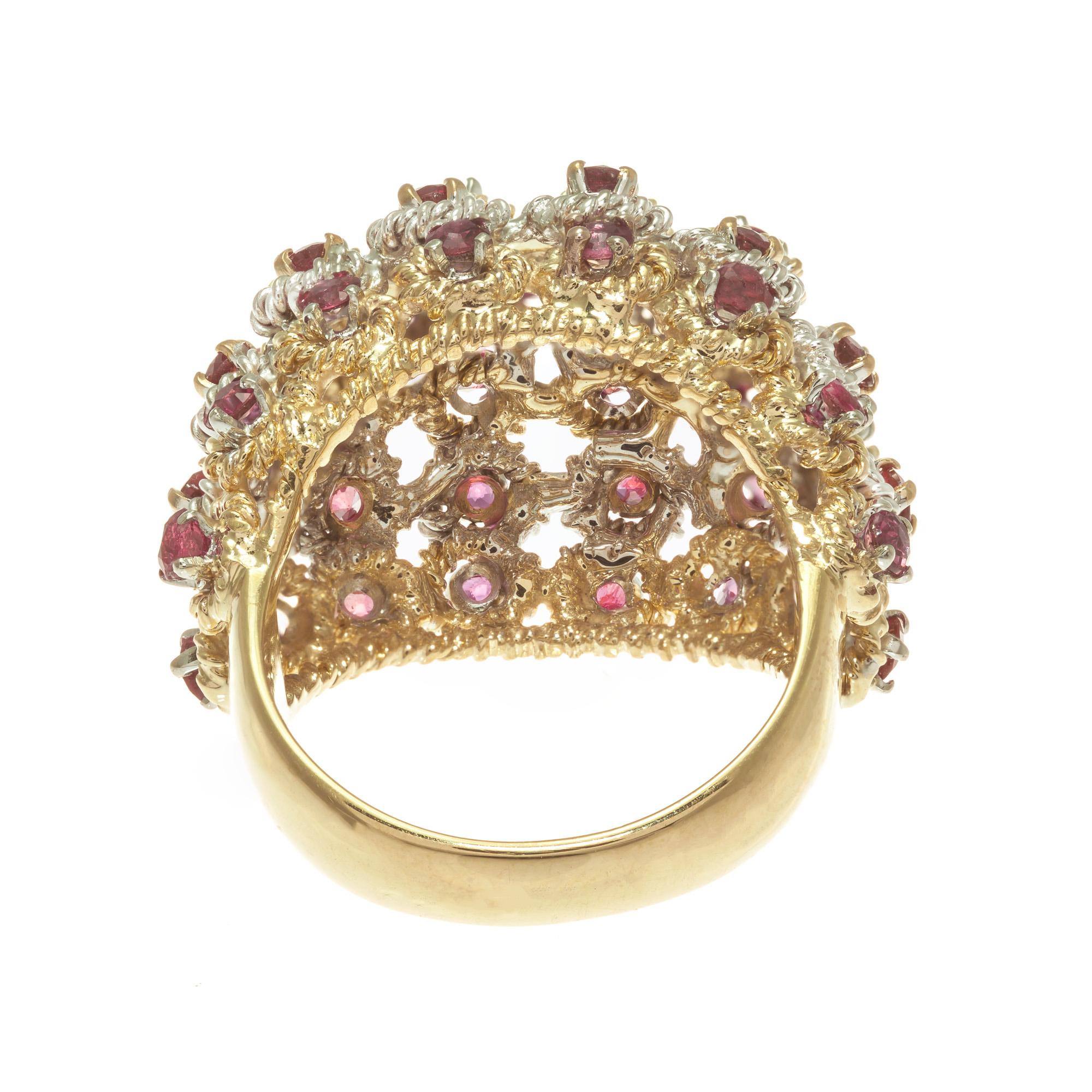 Round Cut Midcentury 1.70 Carat Ruby Yellow White Gold Dome Cocktail Ring For Sale