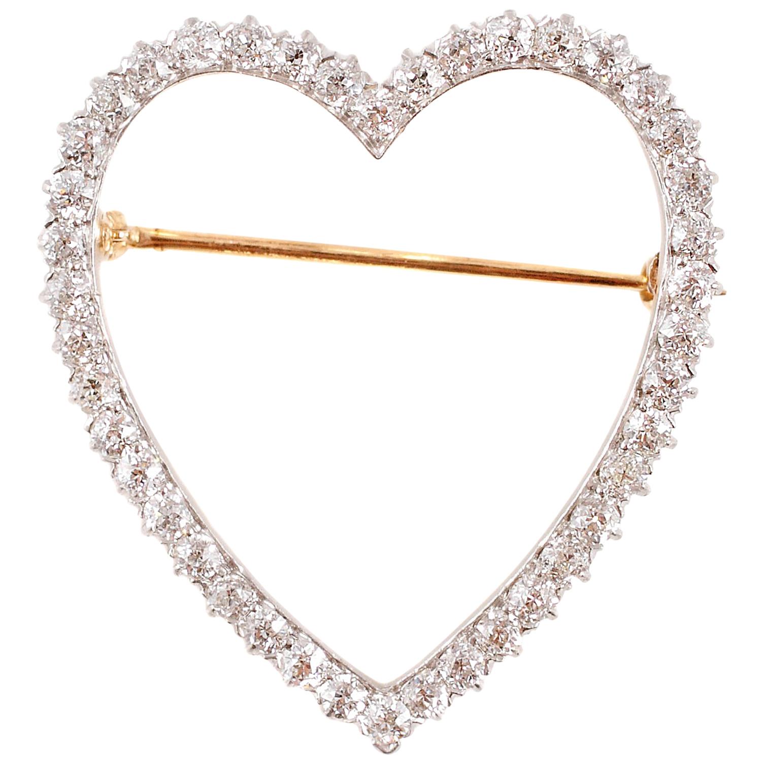 Mid Century 1.70 Carat Two-Tone Diamond Heart Brooch