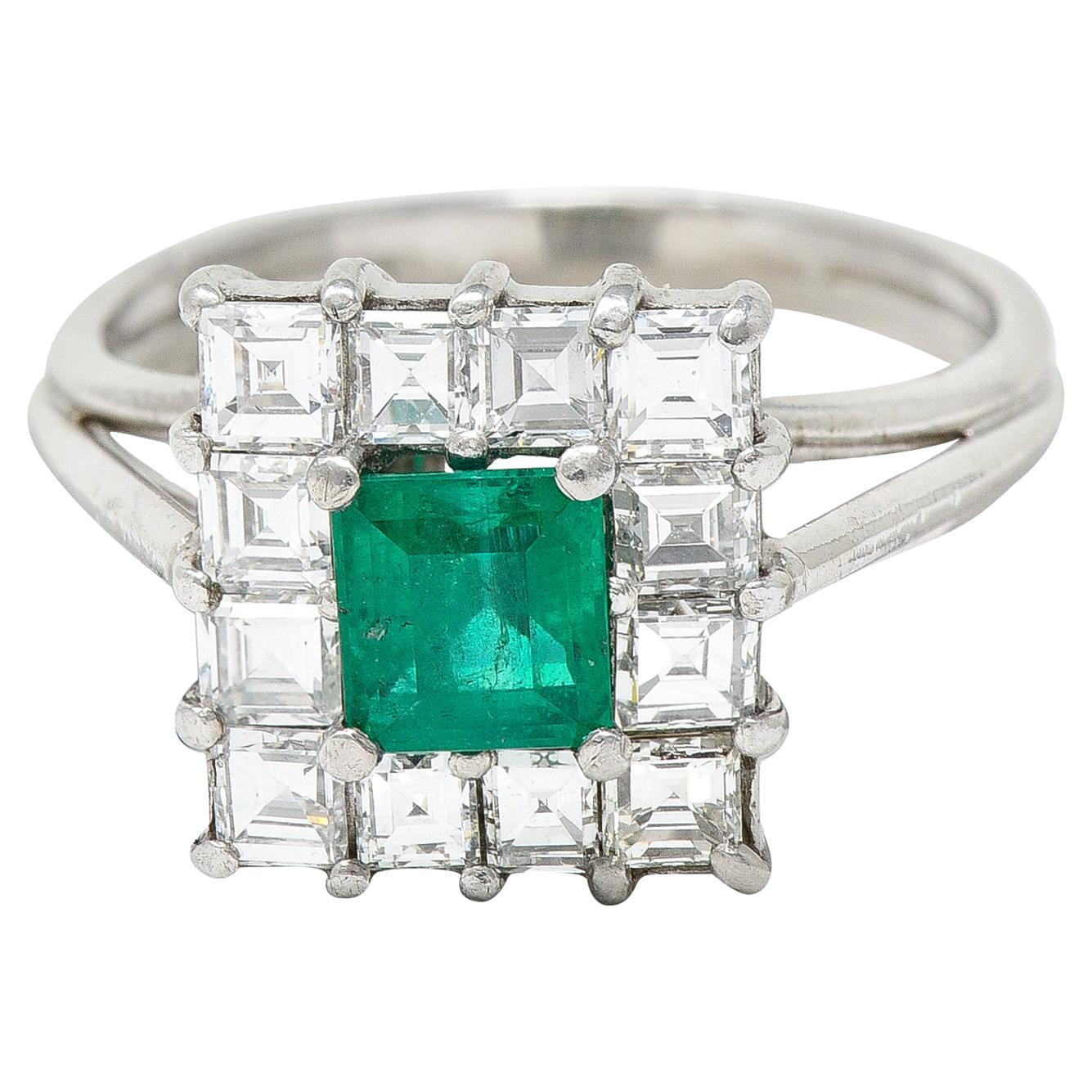 Mid-Century 1.75 Carats Emerald Diamond Platinum Cluster Ring