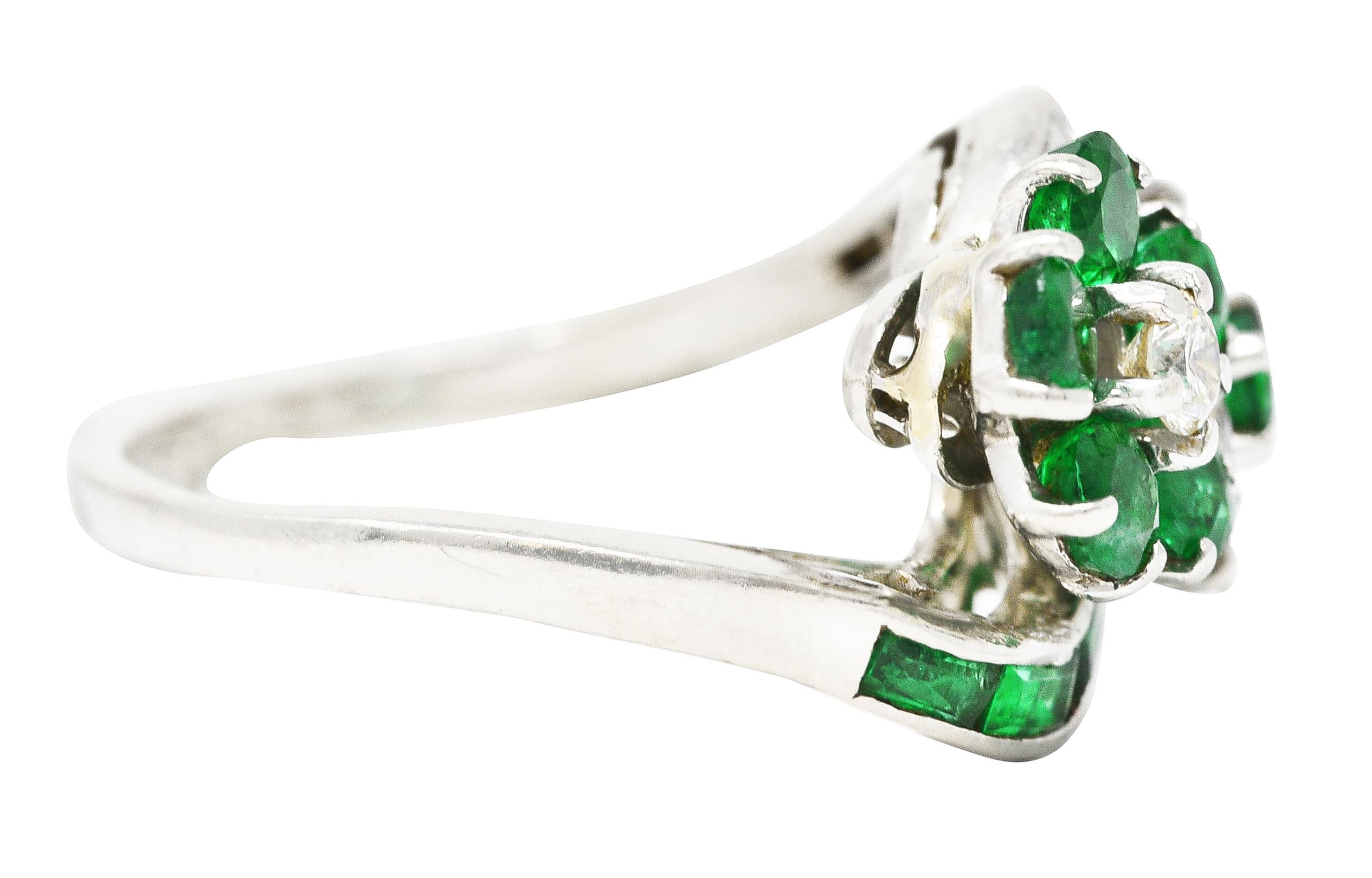 Baguette Cut Mid-Century 1.75 Carats Emerald Diamond Platinum Floral Vintage Bypass Ring