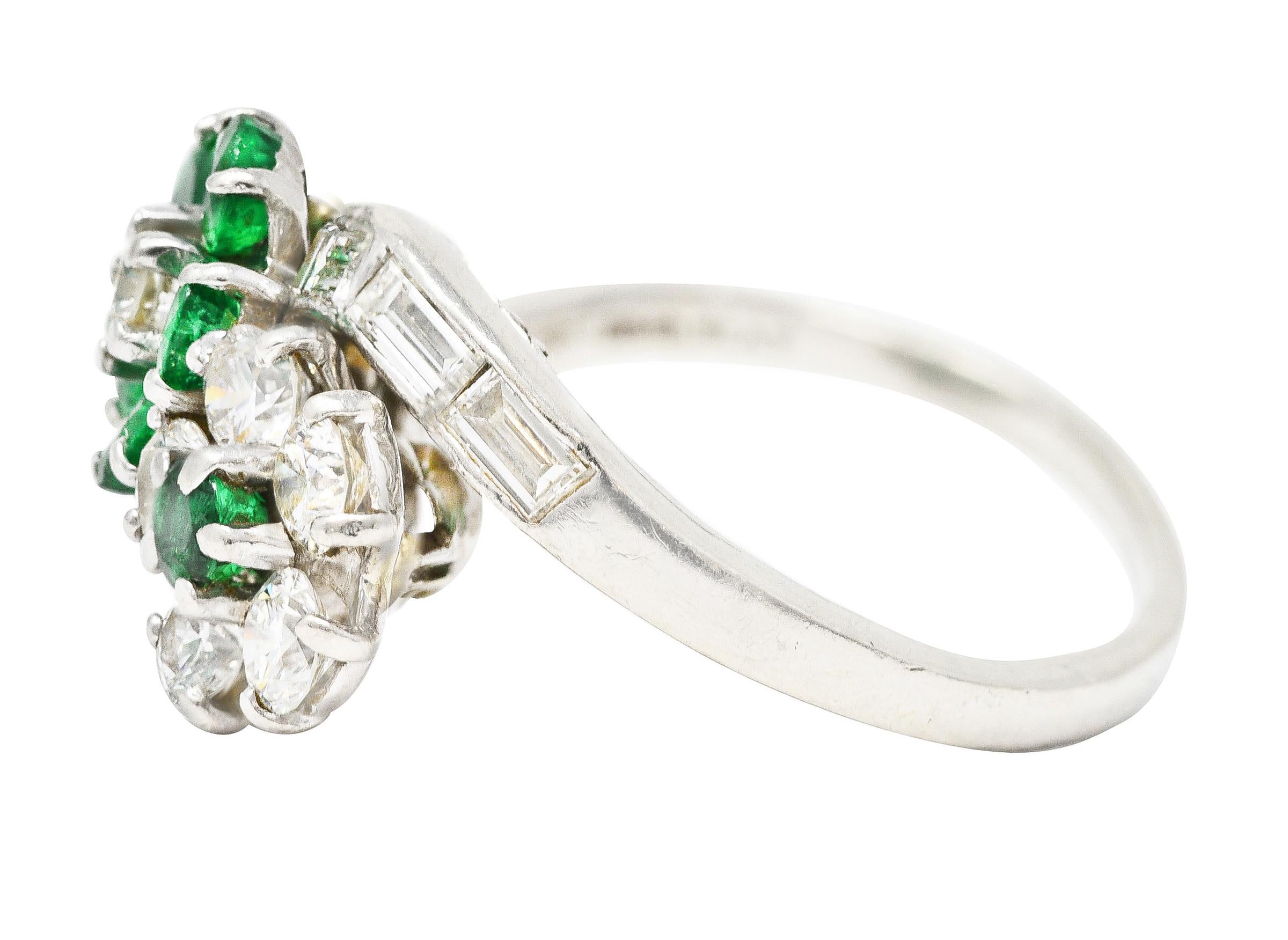 Women's or Men's Mid-Century 1.75 Carats Emerald Diamond Platinum Floral Vintage Bypass Ring