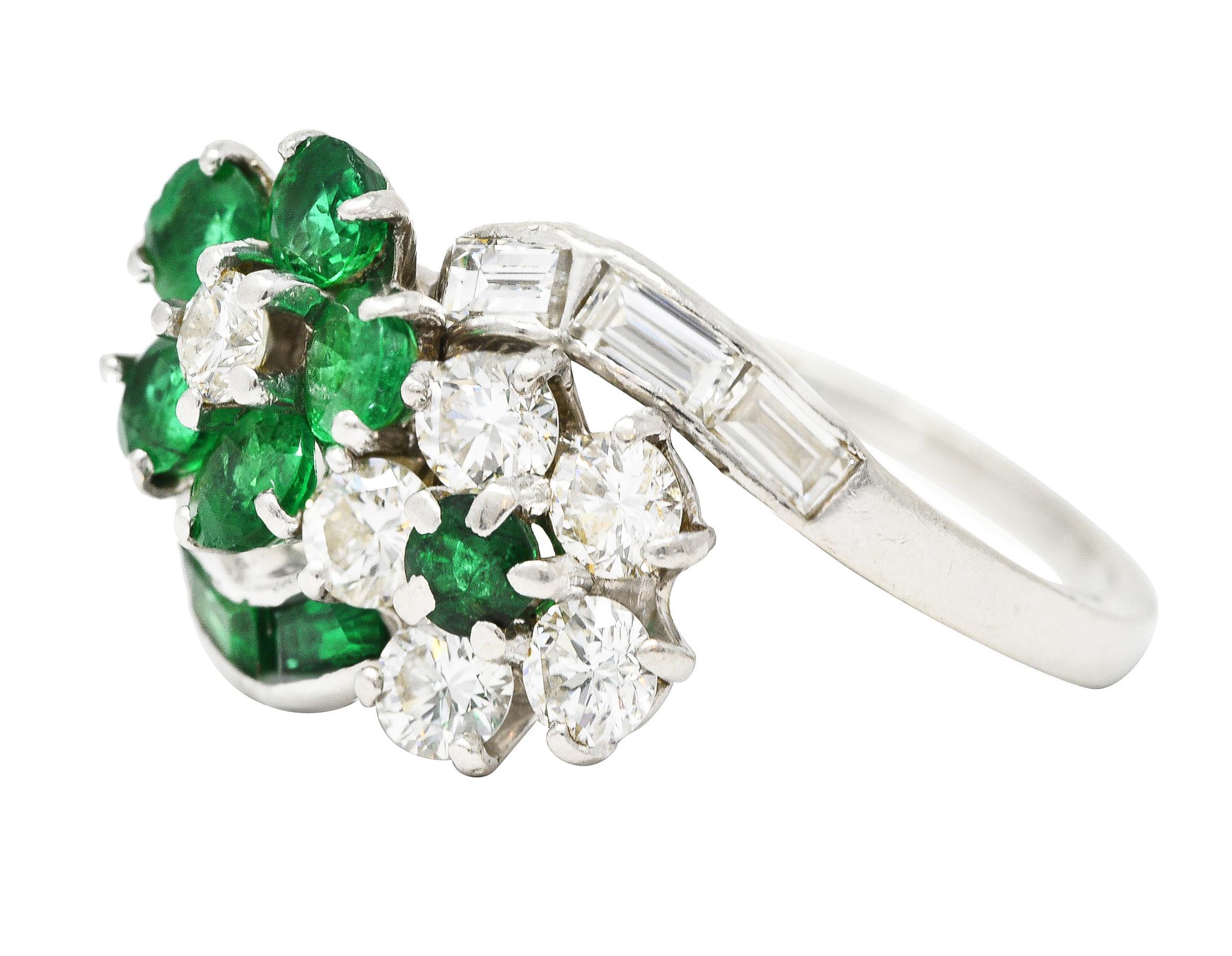 Mid-Century 1.75 Carats Emerald Diamond Platinum Floral Vintage Bypass Ring 1