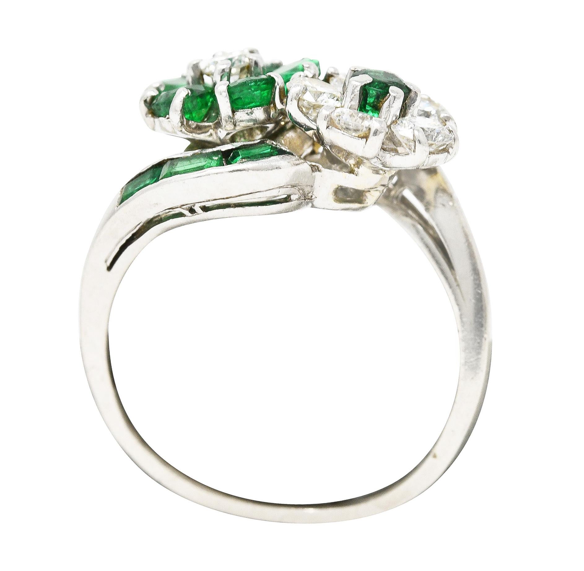Mid-Century 1.75 Carats Emerald Diamond Platinum Floral Vintage Bypass Ring 3