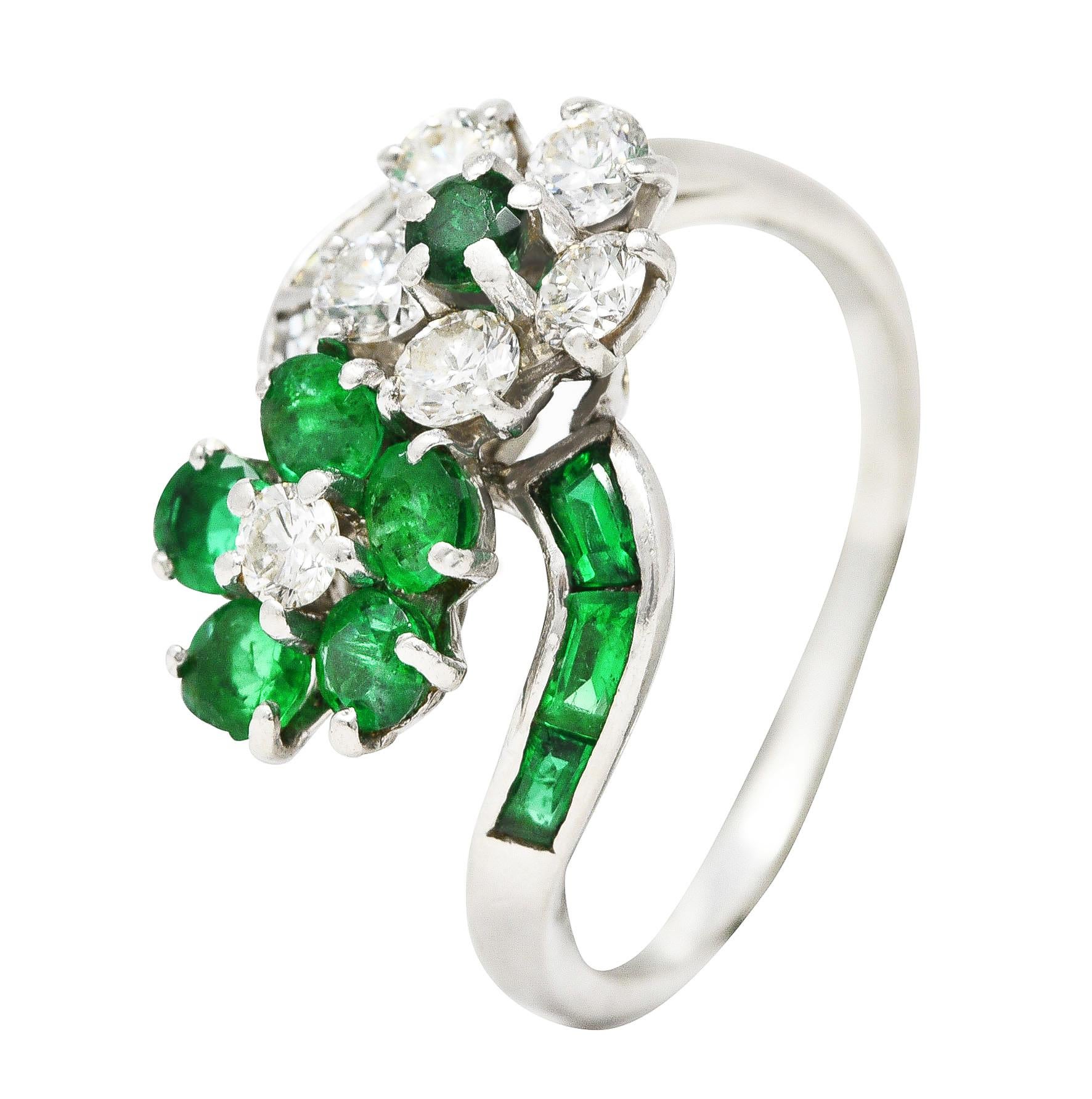 Mid-Century 1.75 Carats Emerald Diamond Platinum Floral Vintage Bypass Ring 4