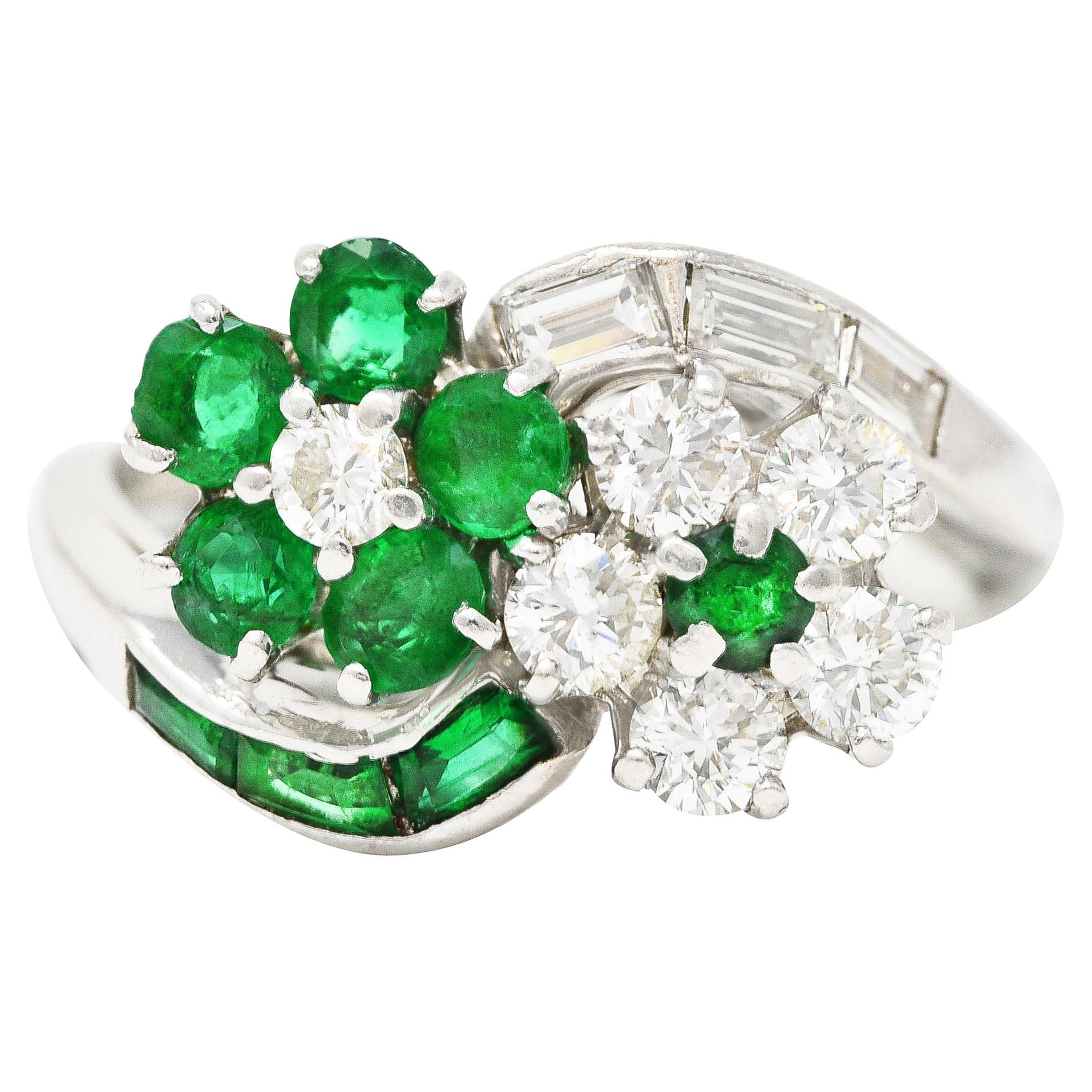 Mid-Century 1.75 Carats Emerald Diamond Platinum Floral Vintage Bypass Ring