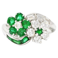 Mid-Century 1.75 Carats Emerald Diamond Platinum Floral Vintage Bypass Ring