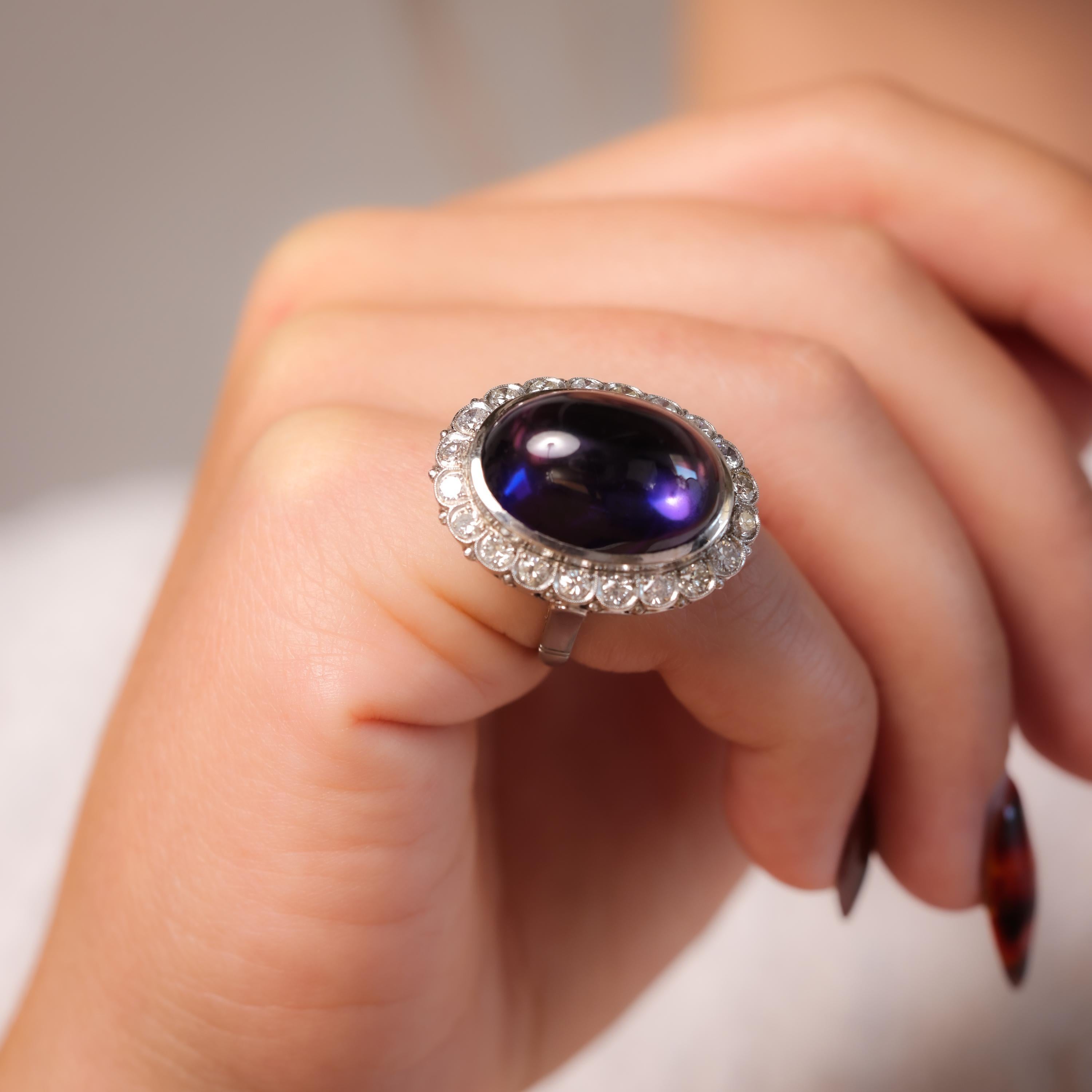 Cabochon Mid Century 18 carat amethyst diamond 18k white gold cluster ring For Sale