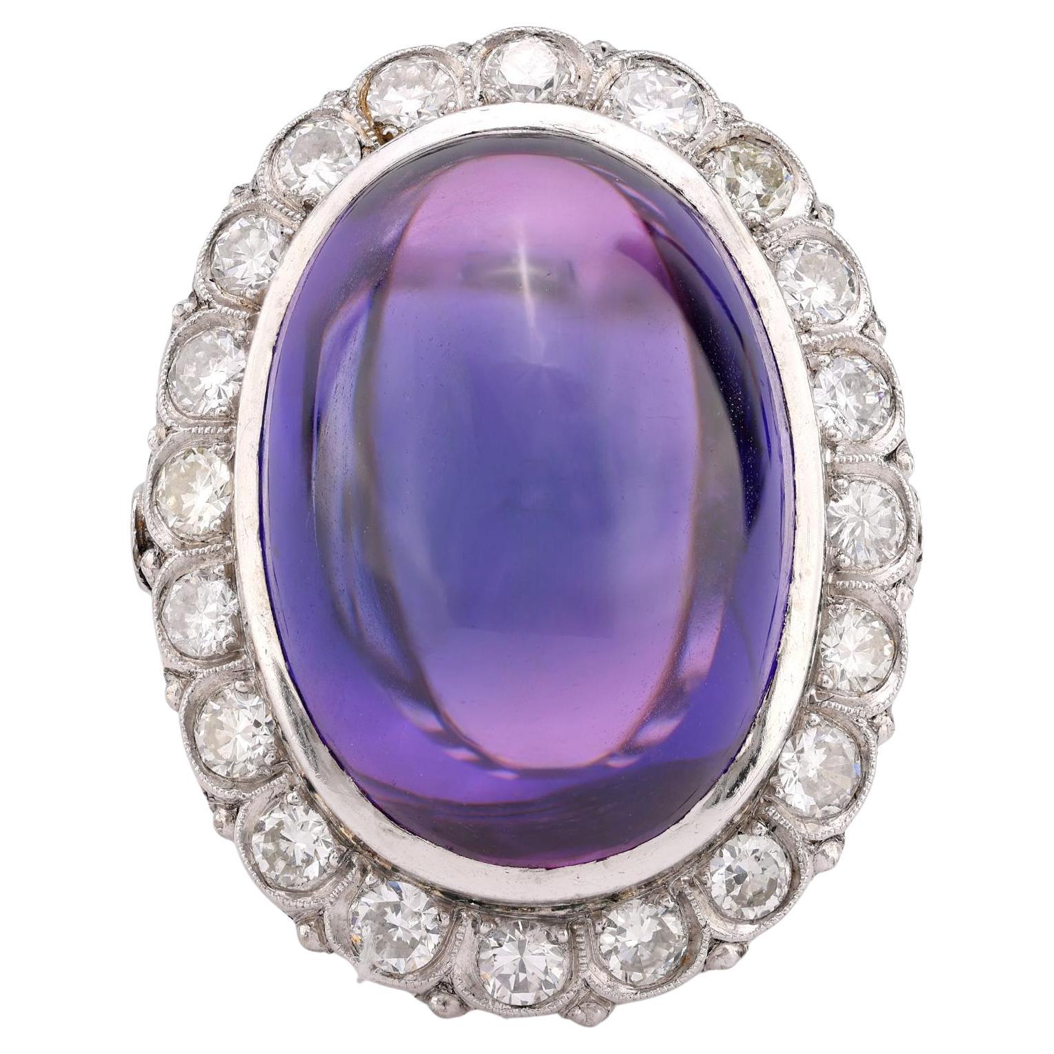Mid Century 18 carat amethyst diamond 18k white gold cluster ring