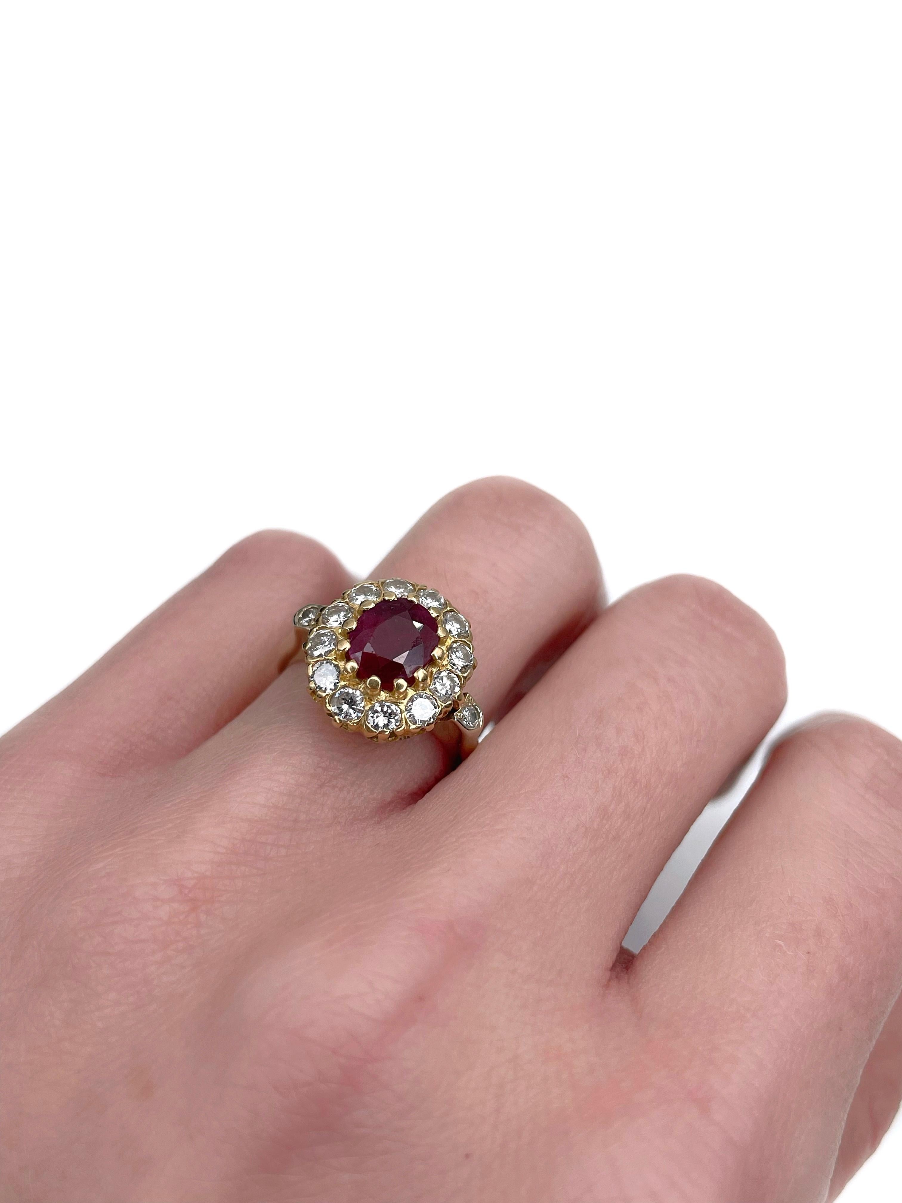 Mid Century 18 Karat Gold 1.00 Carat Ruby 0.80 Carat Diamond Cluster Ring In Good Condition For Sale In Vilnius, LT