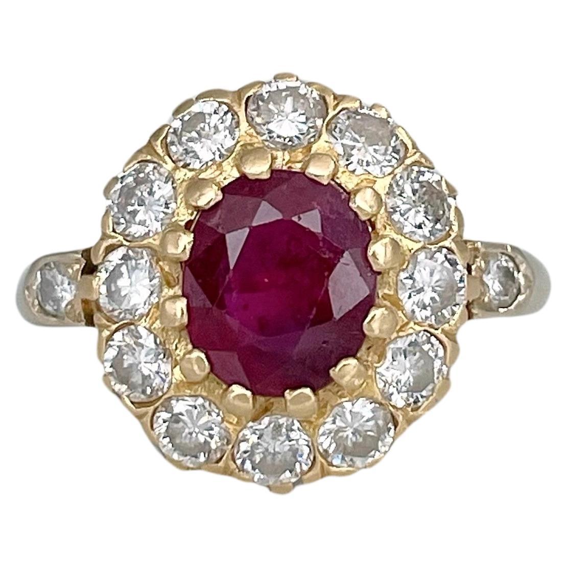 Mid Century 18 Karat Gold 1.00 Carat Ruby 0.80 Carat Diamond Cluster Ring For Sale