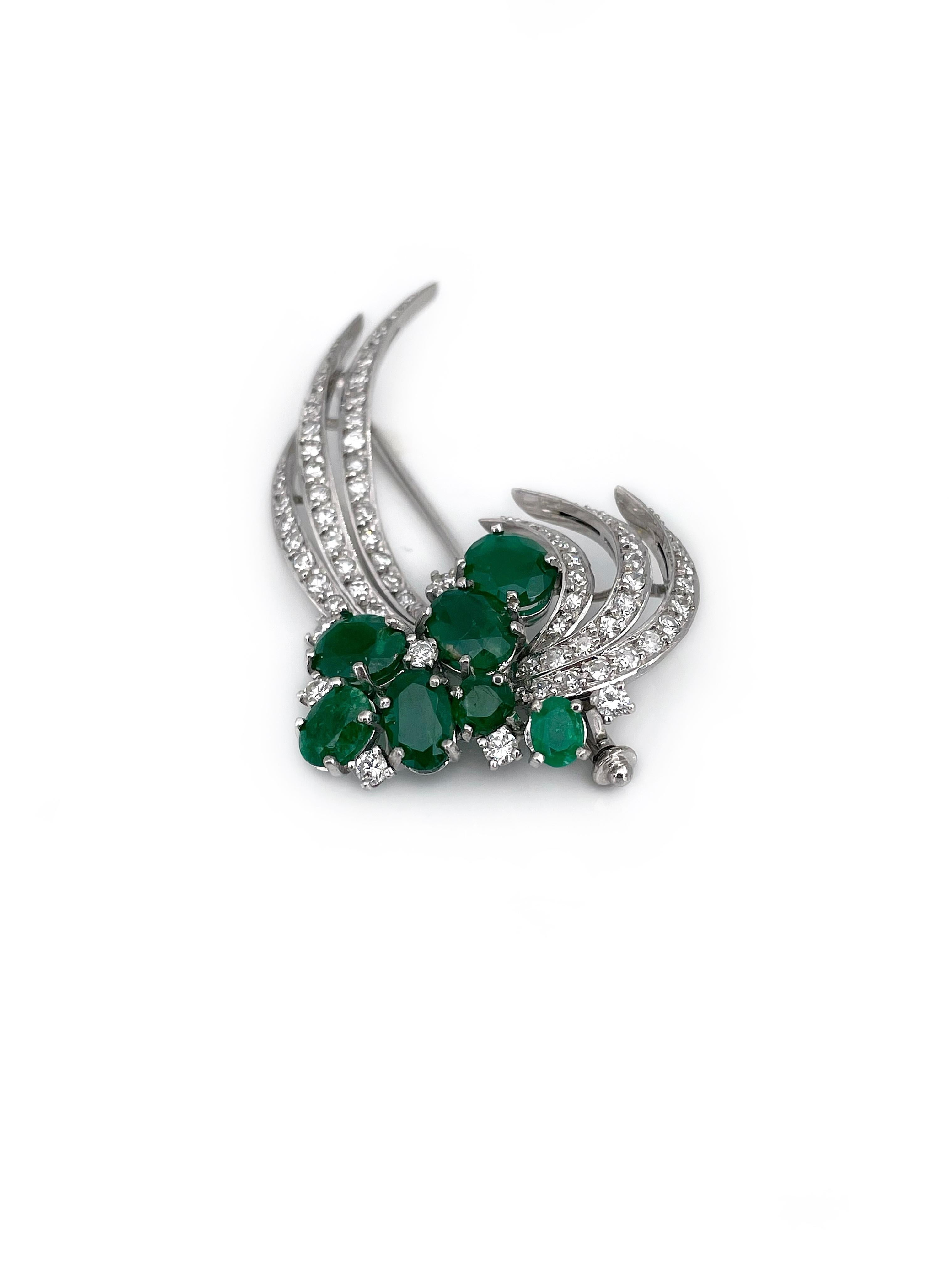 Modern Mid Century 18 Karat Gold 5.24 Carat Emerald 1.36 Carat Diamond Floral Brooch
