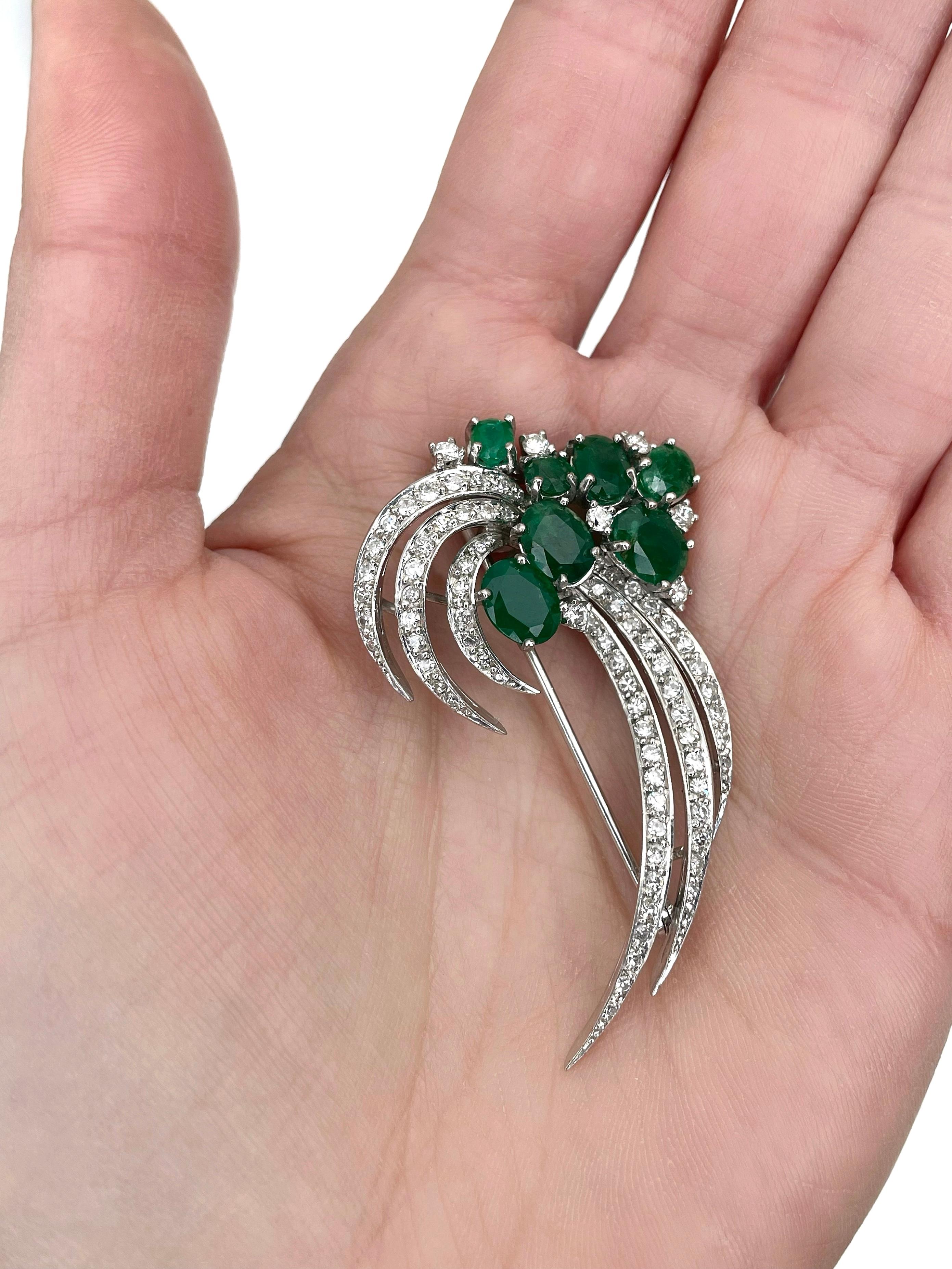 Mid Century 18 Karat Gold 5.24 Carat Emerald 1.36 Carat Diamond Floral Brooch 1
