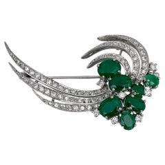 Mid Century 18 Karat Gold 5.24 Carat Emerald 1.36 Carat Diamond Floral Brooch