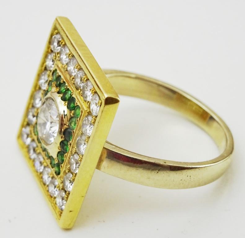Contemporary  Mid Century 18 karat Gold Diamond and Emerald Ring For Sale