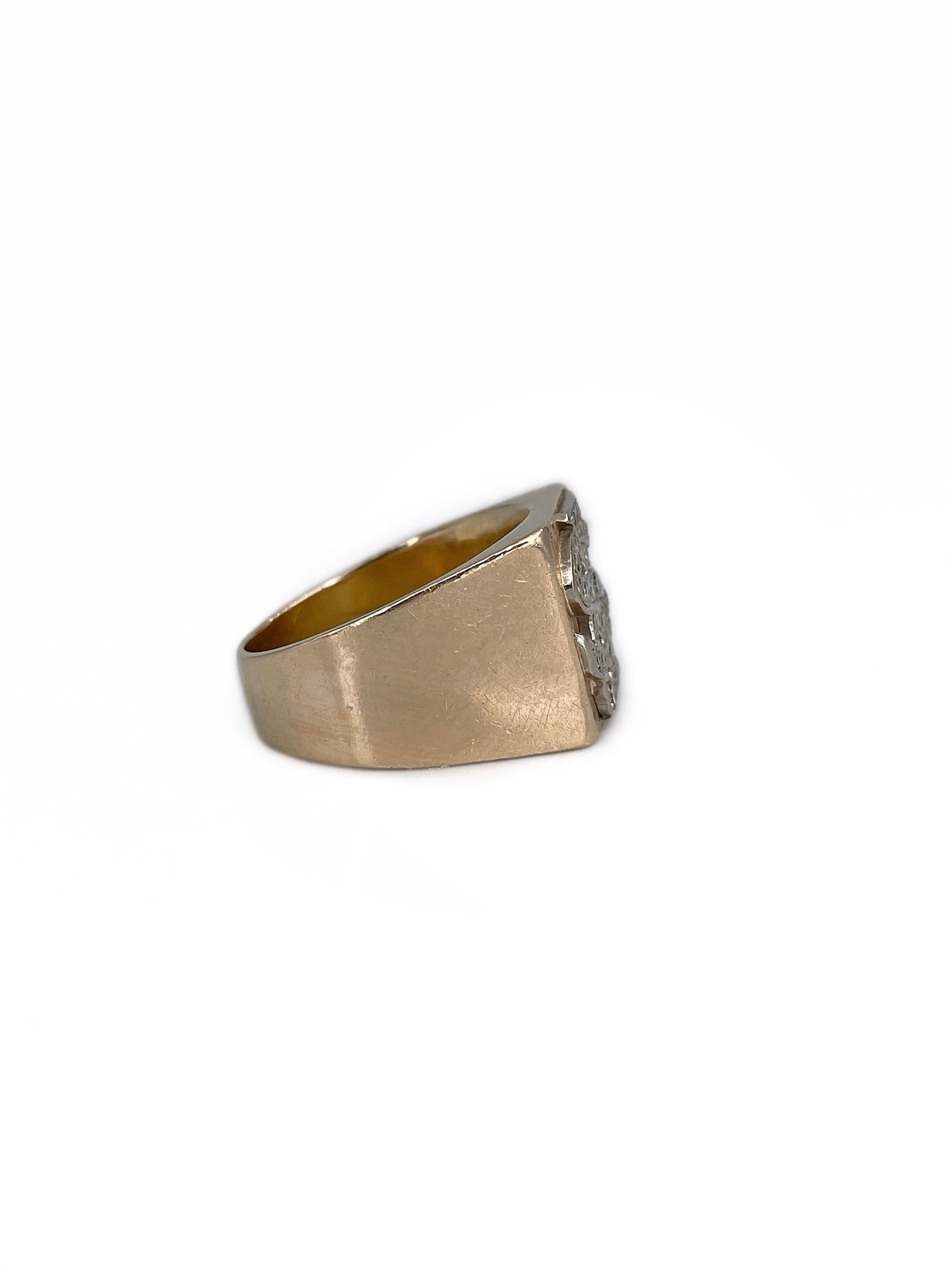 This is an exceptional massive initial signet ring crafted in 18K slightly yellow gold. Circa 1950. 

Intertwined letters J and S are encrusted with diamonds. 

Front of a ring has a subtle texture. 

Weight: 18.93g
Size: 19.75 (US 10)

IMPORTANT: