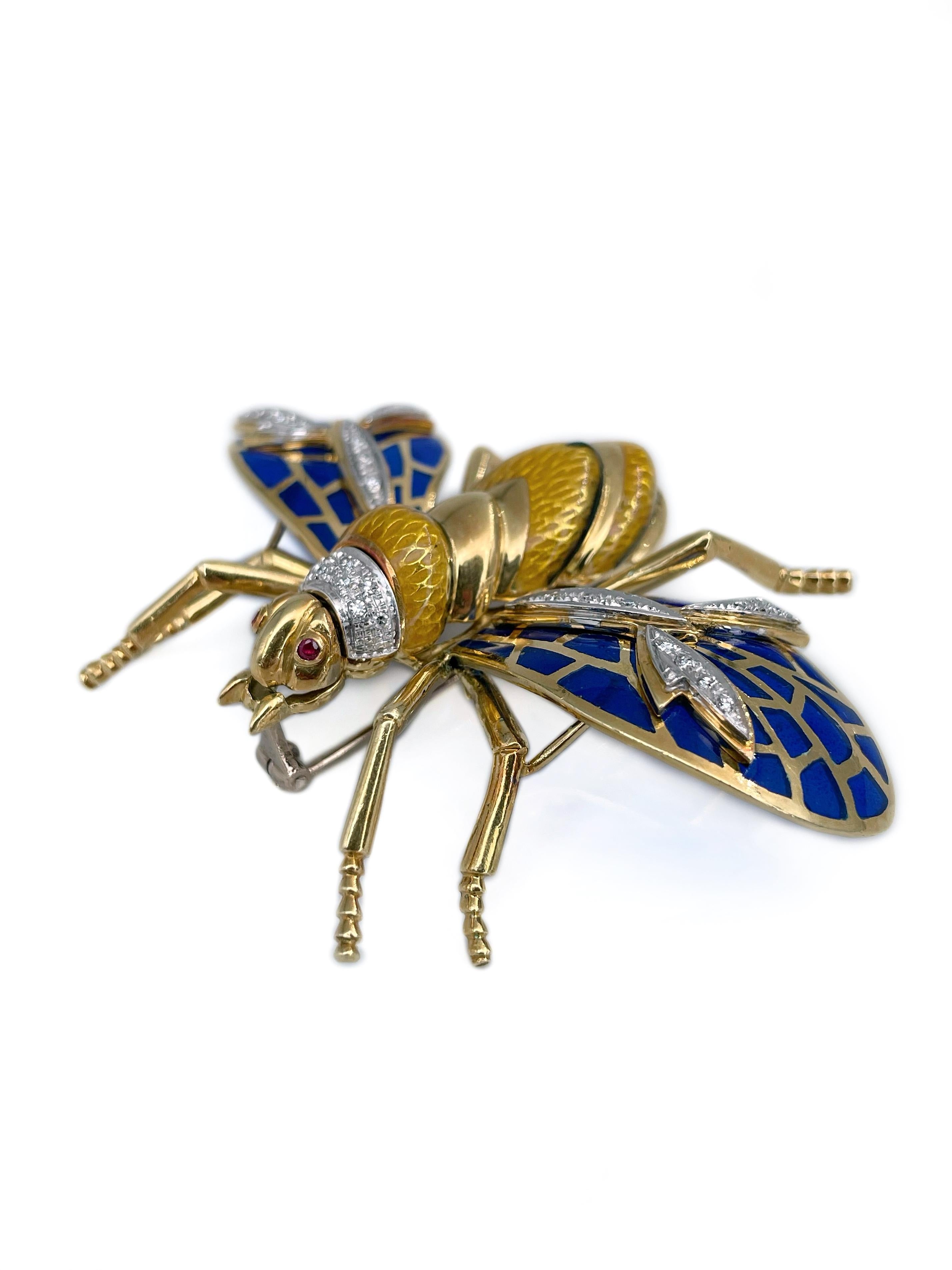 This is a Mid Century bee shape pin brooch crafted in 18K gold. Circa 1950.

The piece features blue Plique a jour enamel. The insect is adorned with diamonds and rubies. 

Has a safe trombone clasp. 

Weight: 36.75g
Size: 7.5x6cm

———

If you have