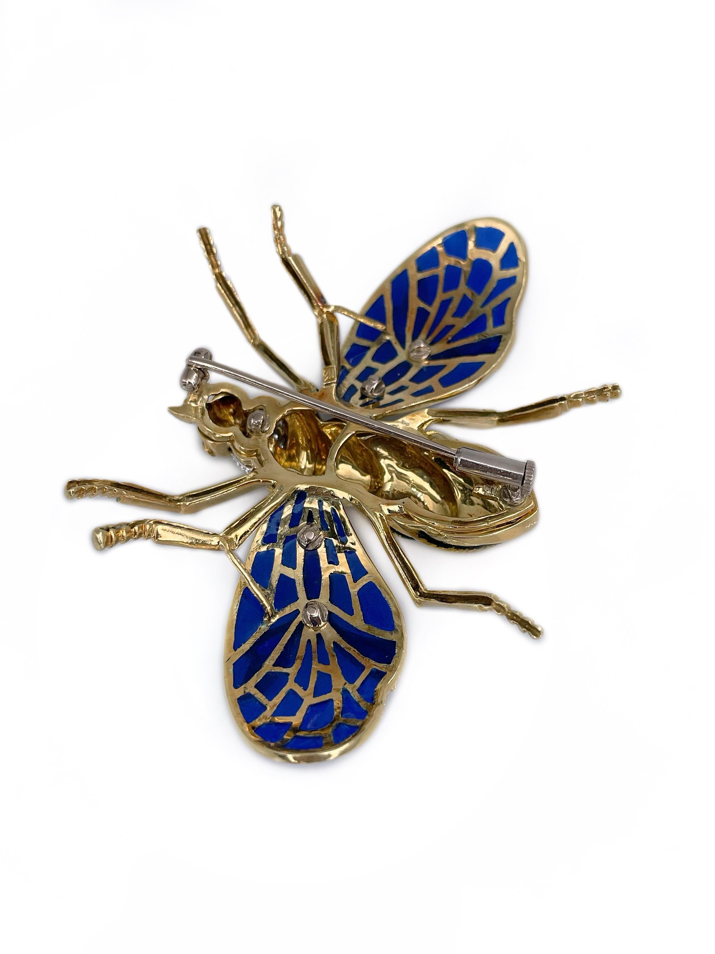 Women's Mid Century 18 Karat Gold Diamond Ruby Blue Plique A Jour Enamel Bee Pin Brooch For Sale