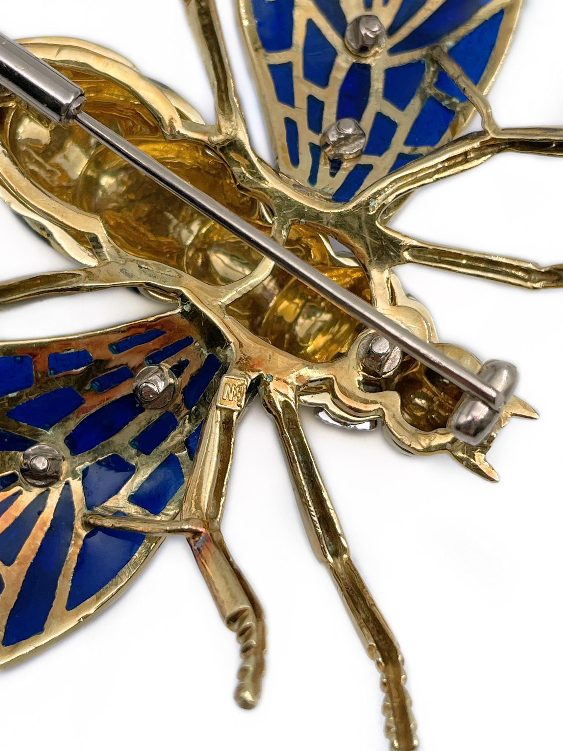 Mid Century 18 Karat Gold Diamond Ruby Blue Plique A Jour Enamel Bee Pin Brooch For Sale 1