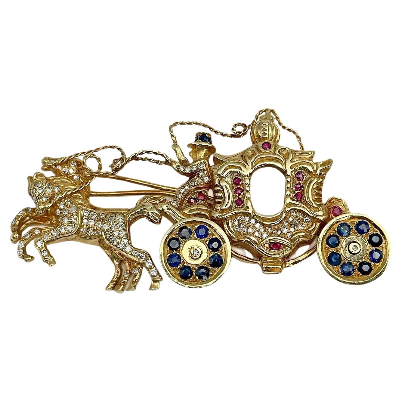 Mid Century 18 Karat Gold Diamant Rubin Saphir Moving Carriage Pin Brosche