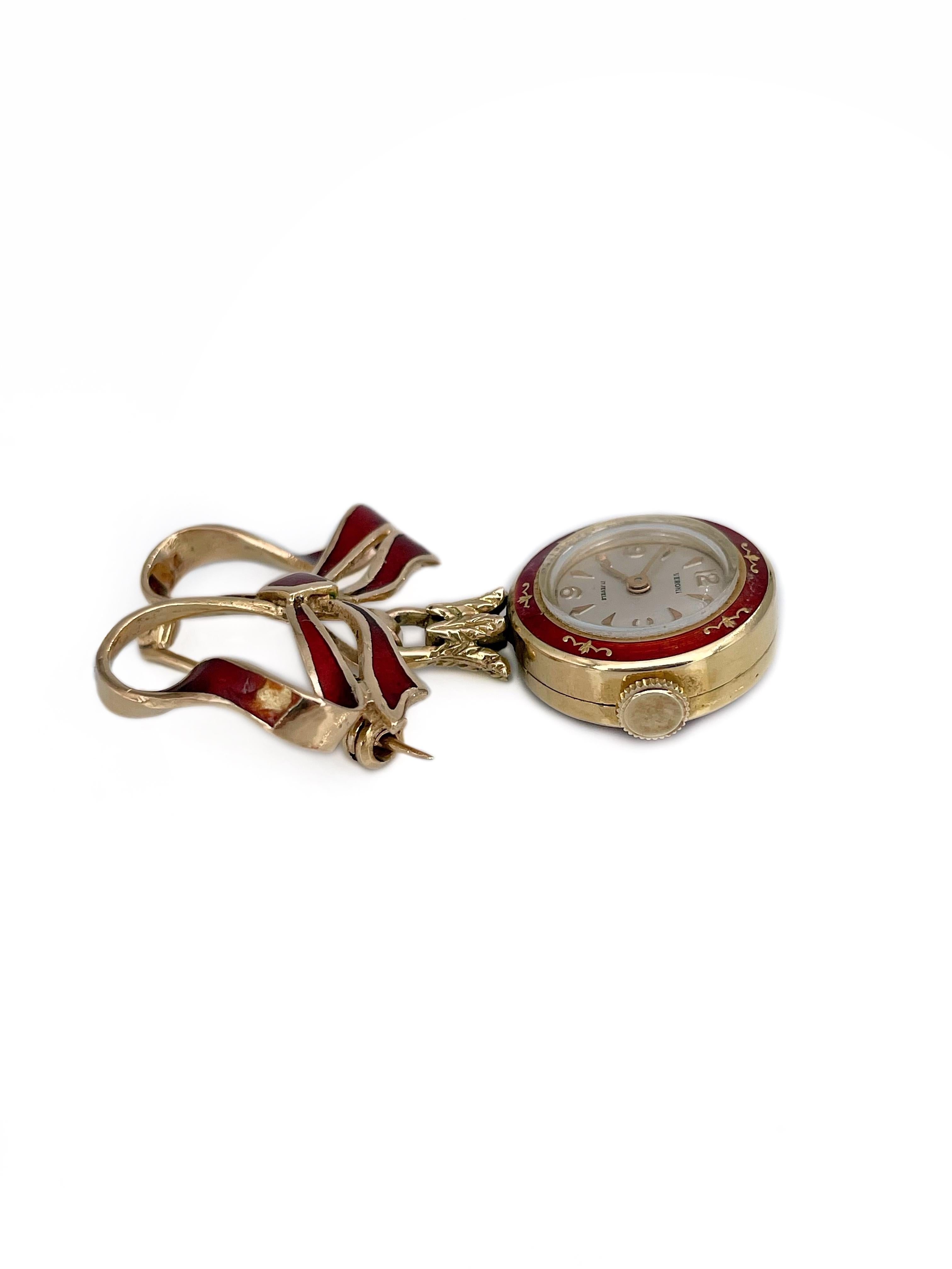 Mid Century 18 Karat Gold Red Enamel Veroni Watch Bow Pin Brooch In Good Condition For Sale In Vilnius, LT
