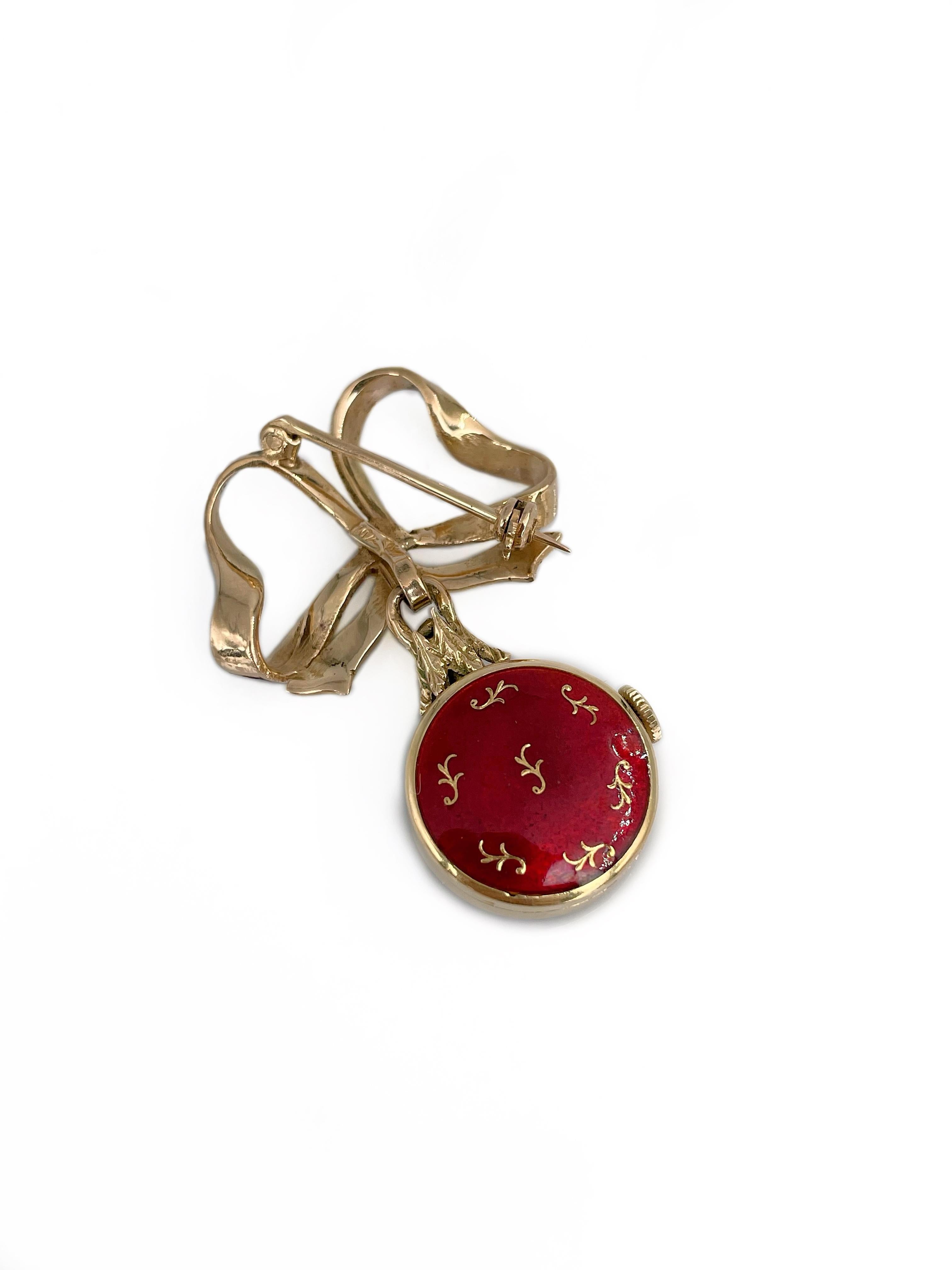 Women's Mid Century 18 Karat Gold Red Enamel Veroni Watch Bow Pin Brooch For Sale
