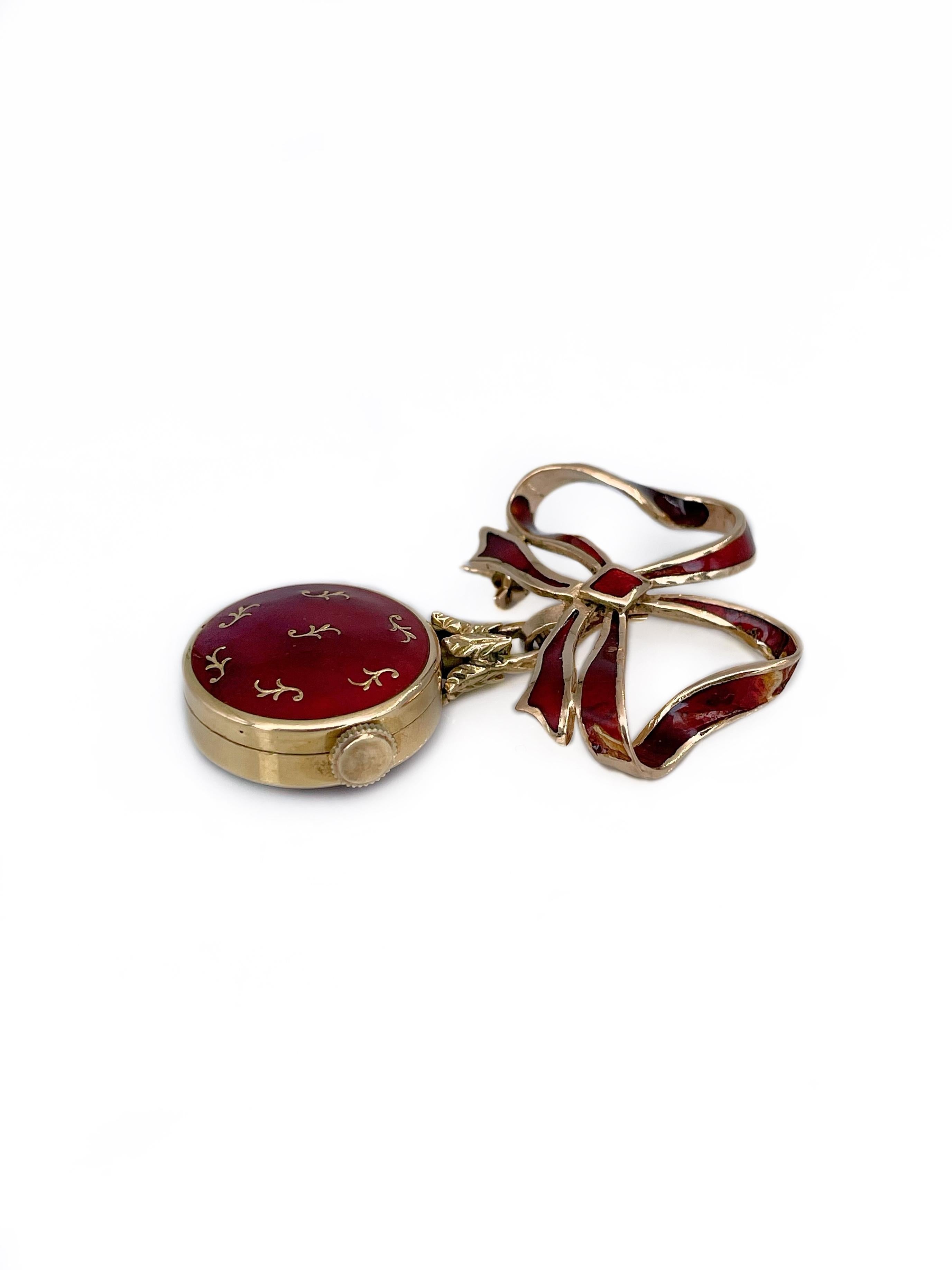 Mid Century 18 Karat Gold Red Enamel Veroni Watch Bow Pin Brooch For Sale 1