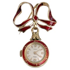 Mitte des Jahrhunderts 18 Karat Gold Rot Emaille Veroni Uhr Schleife Pin Brosche