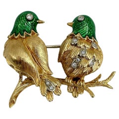 Mid Century 18 Karat Gold Two Birds On A Branch Green Enamel Diamond Pin Brooch