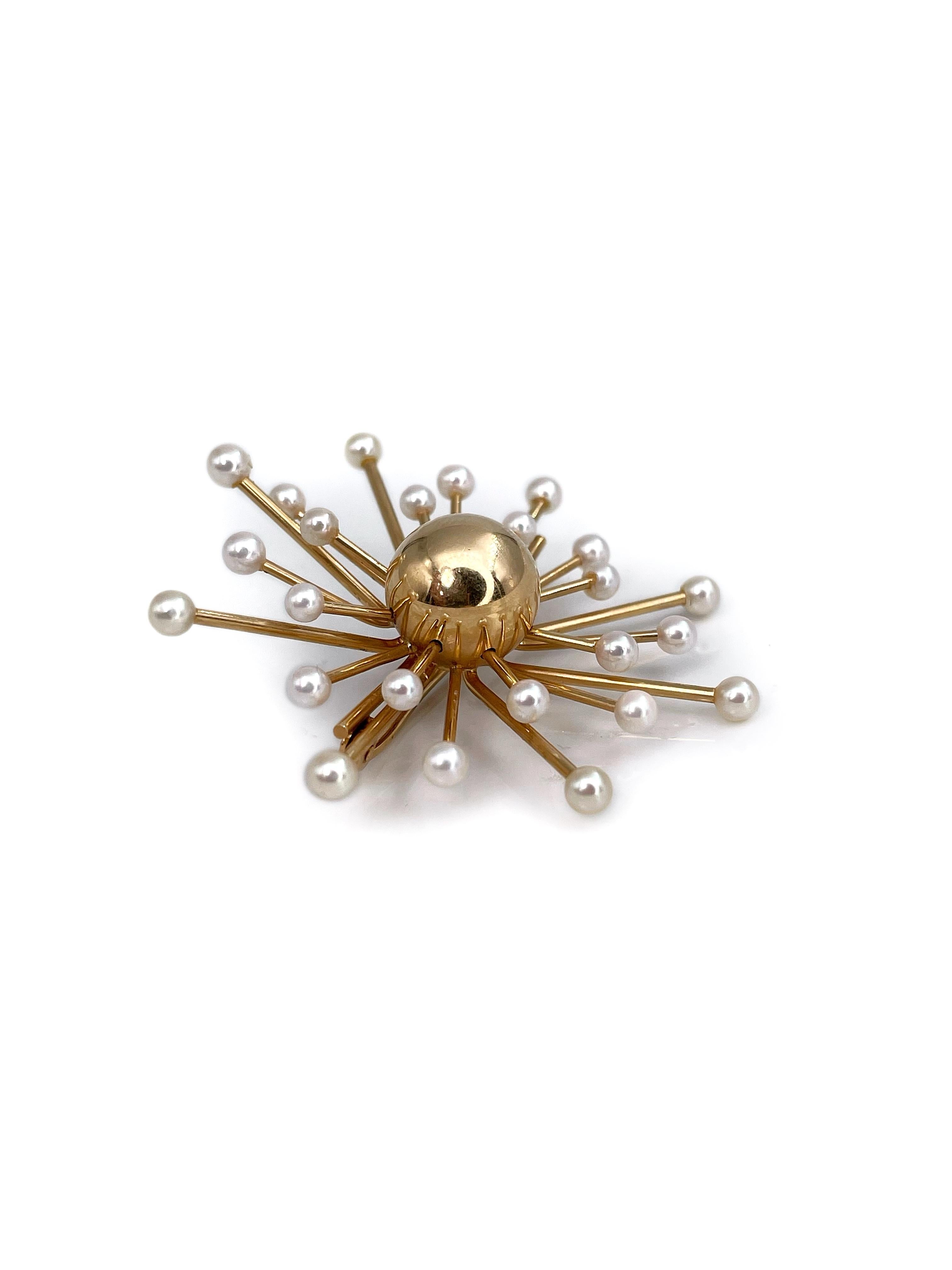 Modern Mid Century 18 Karat Yellow Gold Pearl Starburst Pin Brooch